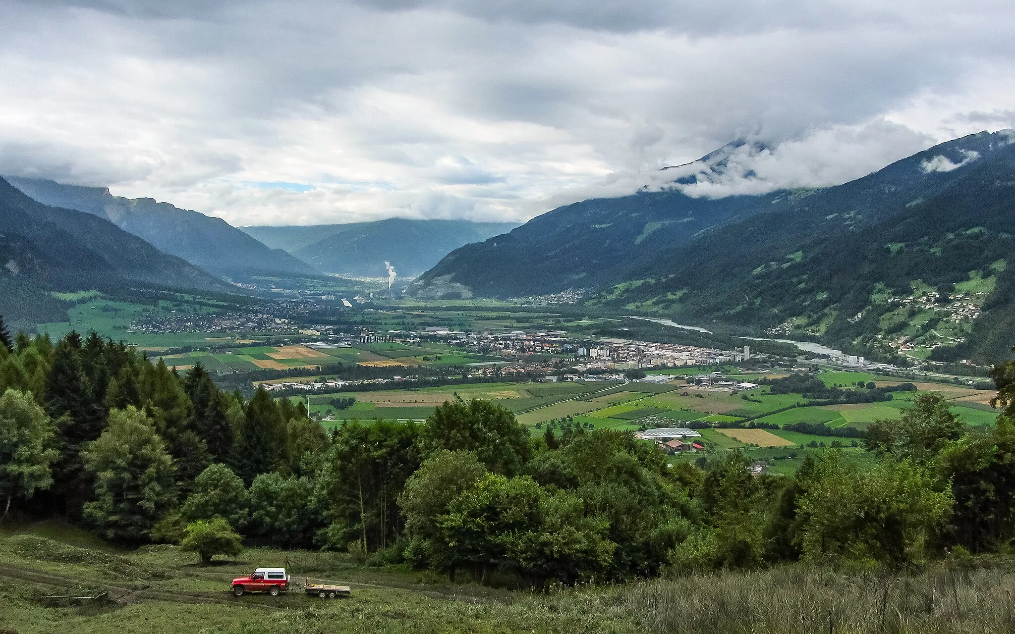 Photo showing: View of the Landquart Region and Chur from a hay field in Malans.