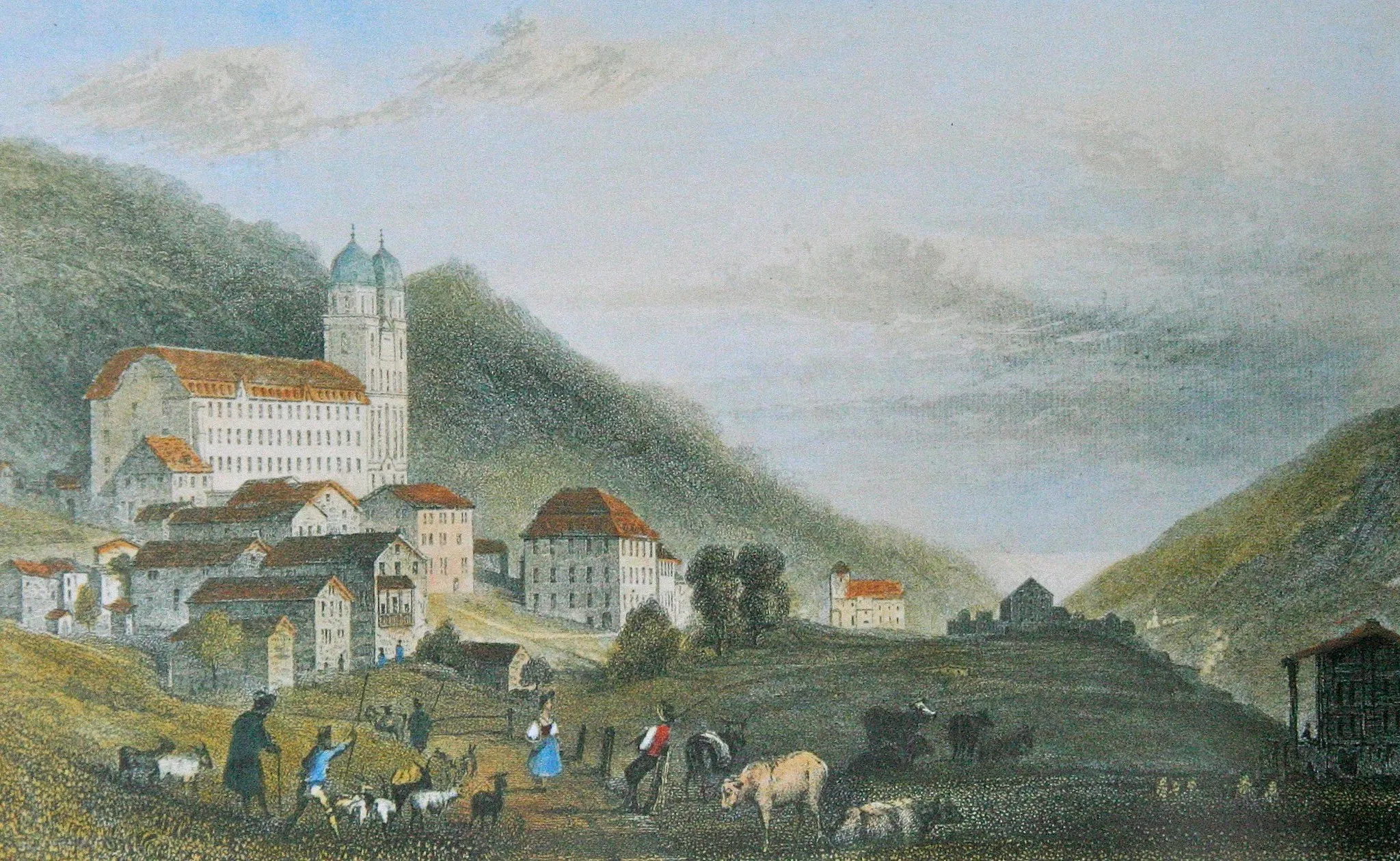 Photo showing: de:Disentis/Mustér 1832; rechts hinten Schloss Caschliun, links davon Kirche St. Placi