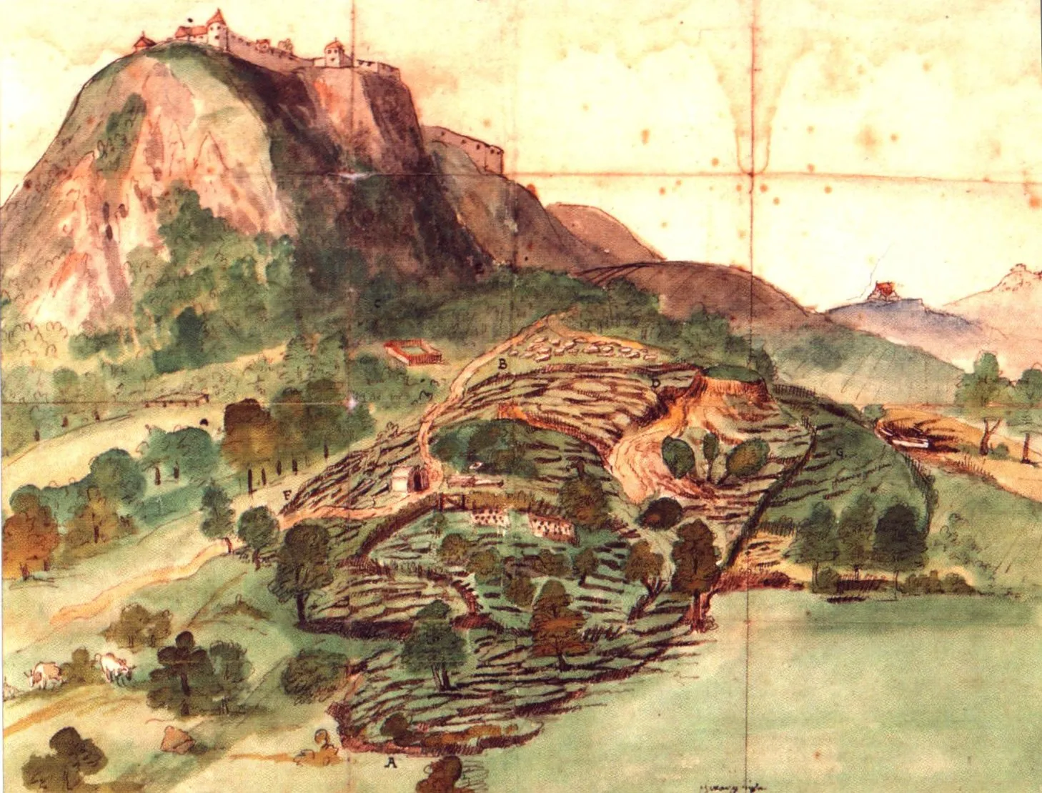 Photo showing: Hohentwiel 1588: Älteste wirklichkeitsnahe Darstellung des Hohentwiels durch den Stuttgarter Hans Dorn, anlässlich eines Erdrutsches.
