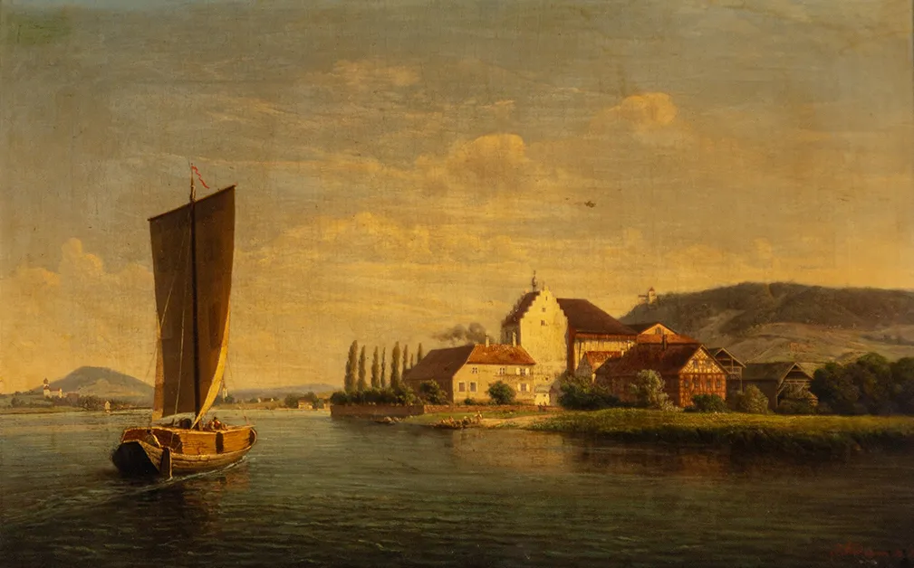 Photo showing: Sign. und (18)58 dat. Blick auf Schloss Oberstaad in Öhningen. Das Bild entstand während seiner Reise an den Bodensee 1858. Öl/Lwd. 40 x 64,5 cm