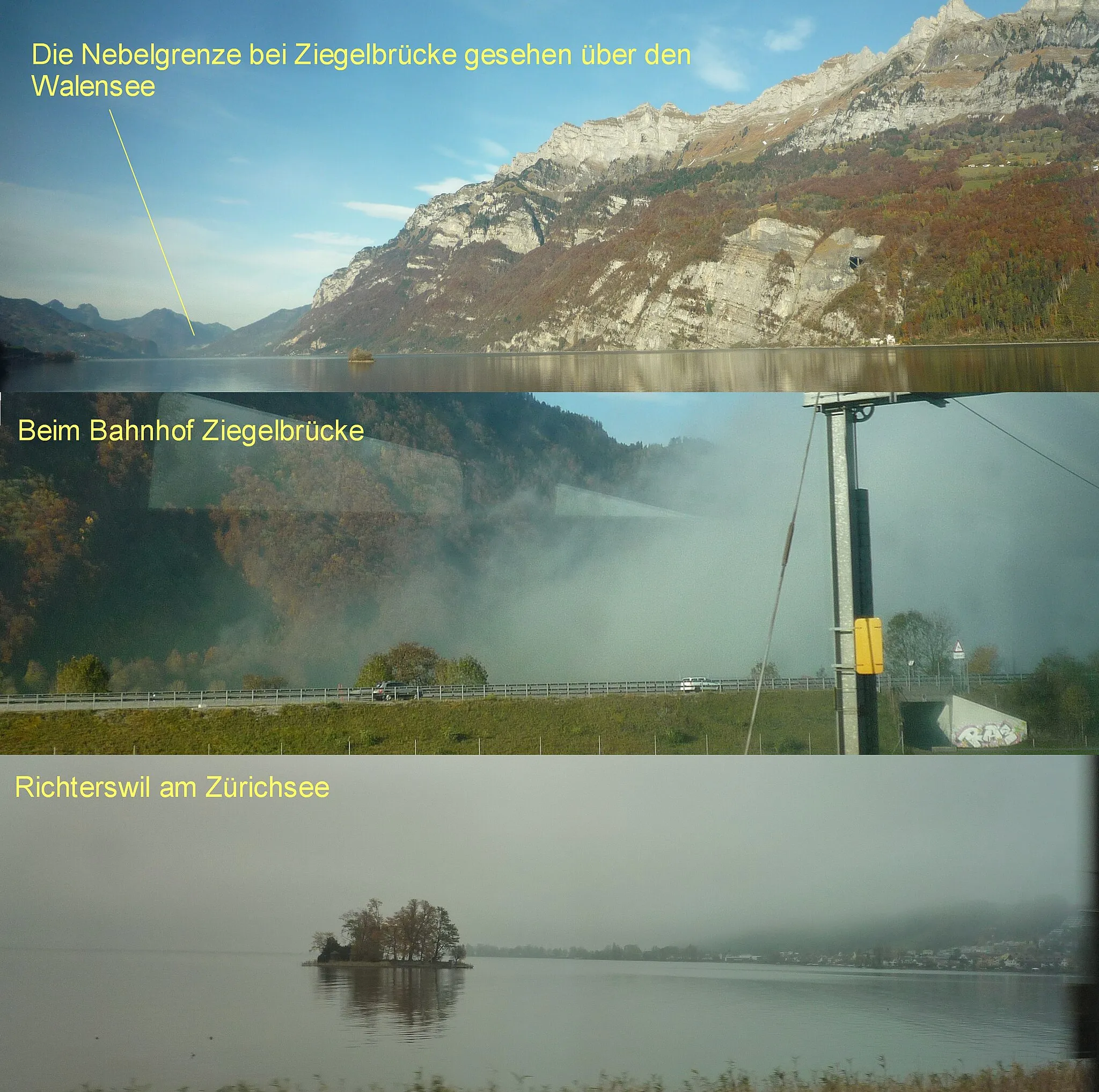 Photo showing: typical autumn weather in Switzerland divided into fog in the flat parts of the country and sunshine in the mountain valleys and mountains. All pictures taken within less than half an hour from the train to Chur that passes the lake of Zurich (bottom image) before reaching Ziegelbrucke and Lake Walensee.