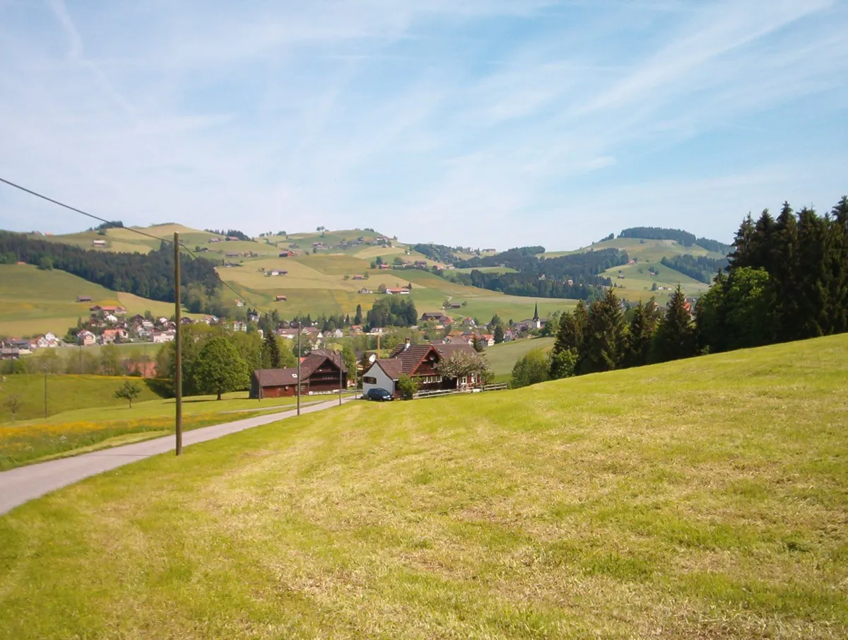 Photo showing: Village of Schönengrund in the Swiss canton of Appenzell Ausserrhoden, seen from the Hochhamm side.