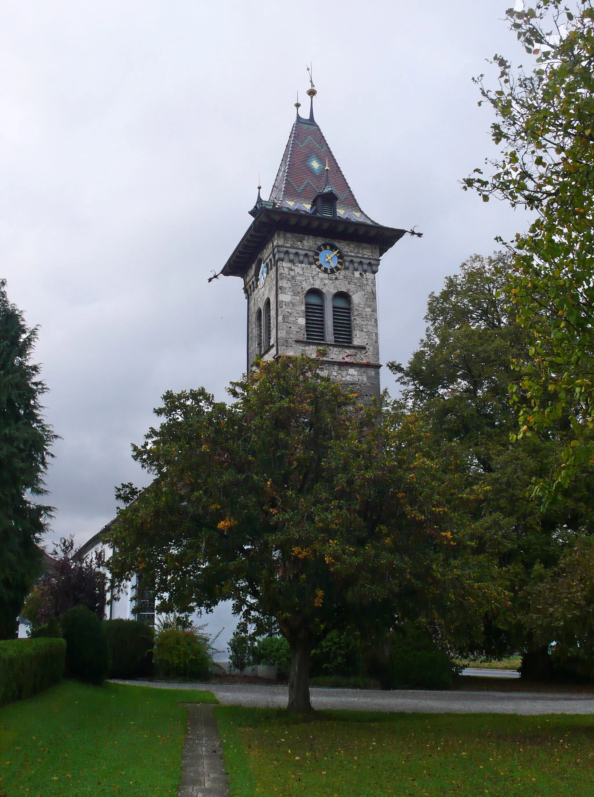 Photo showing: Church tower of Oberhofen TG, Switzerland.