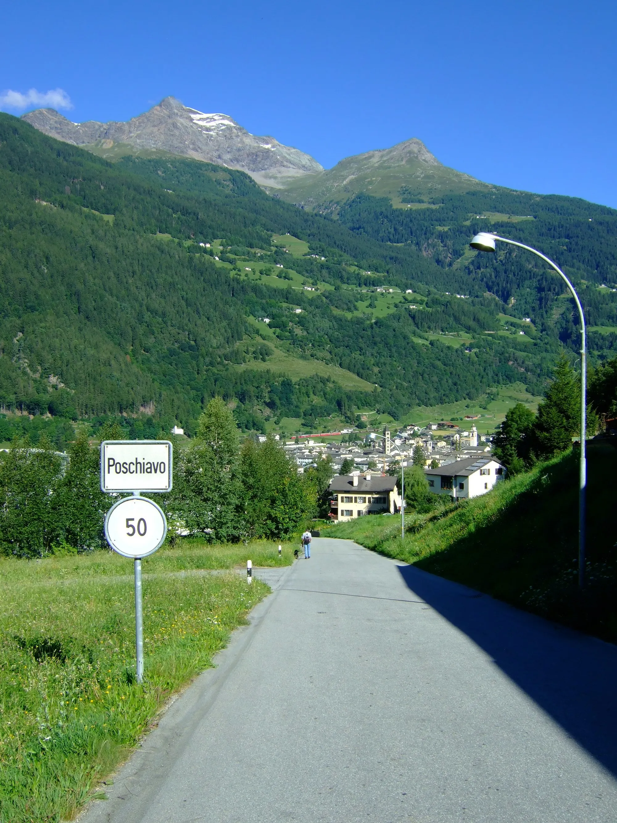 Photo showing: View of the village of Poschiavo from the fraction of Cologna. In the background the Piz Varuna