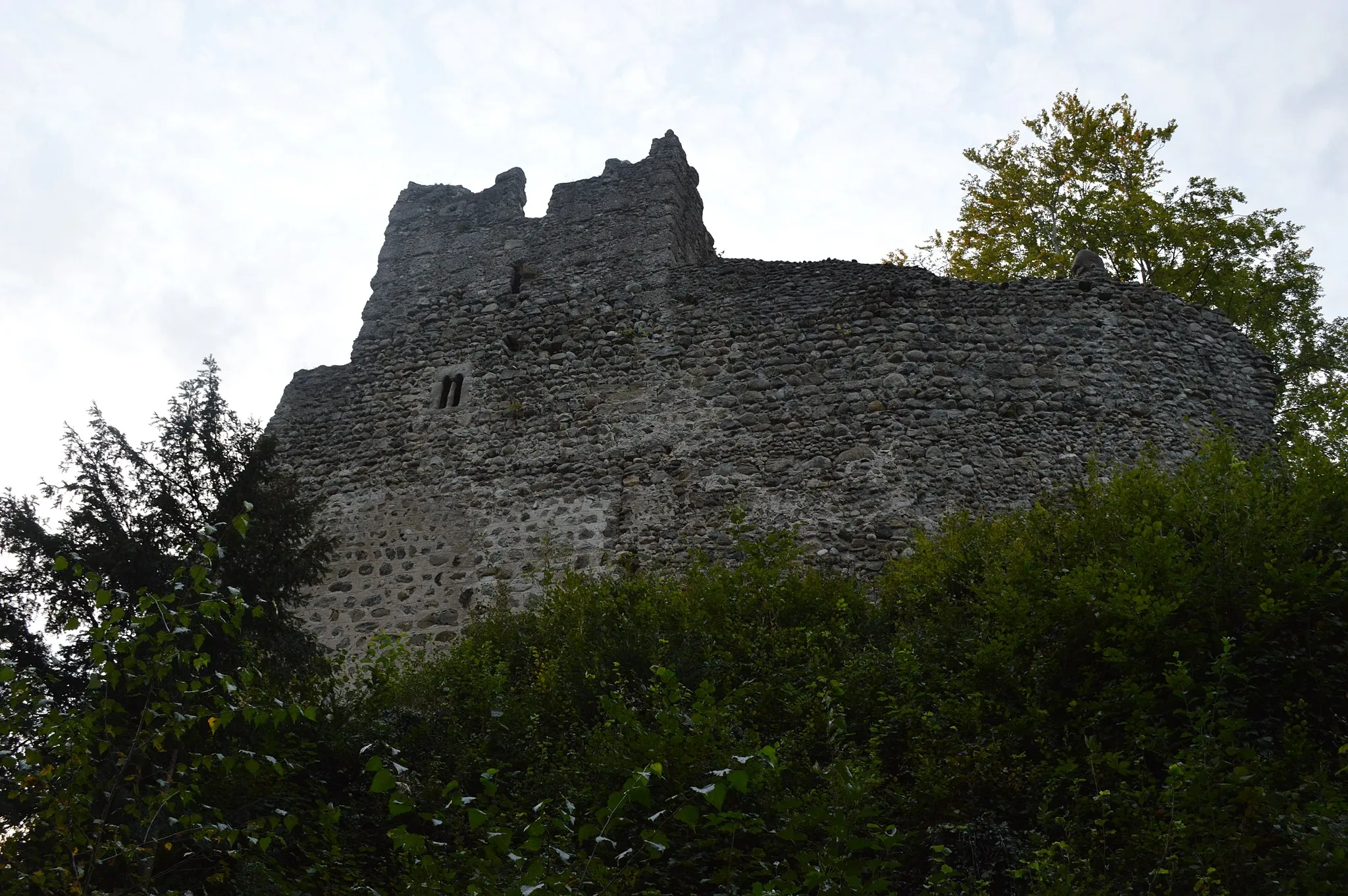 Photo showing: Aussenansicht des Bergfrieds und der Schildmauer der Ruine Alt-Ramschwag