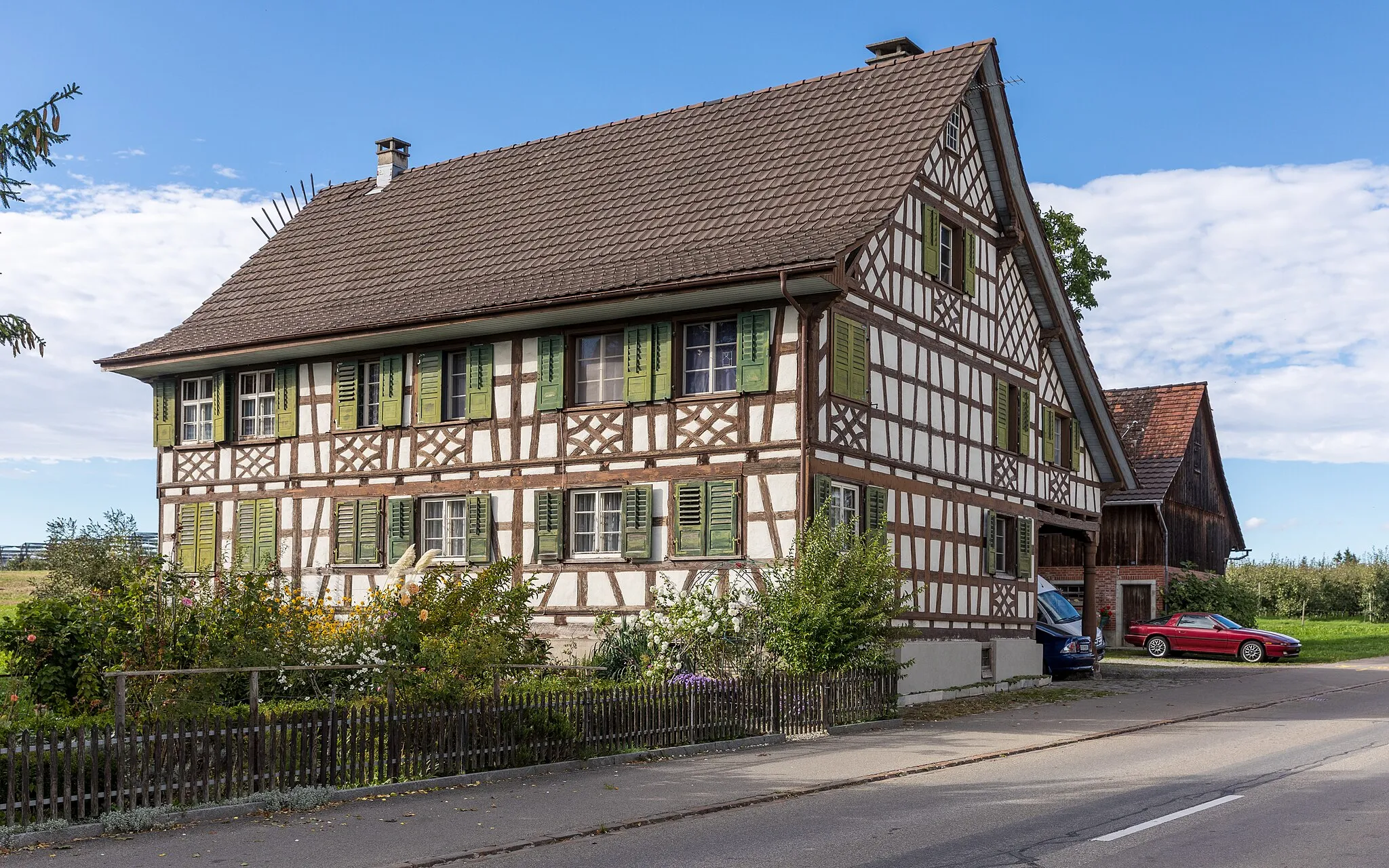 Photo showing: Fachwerkhaus Amriswilerstrasse 28 in Brüschwil (Gemeinde Hefenhofen TG), erbaut 1814 - 1816.