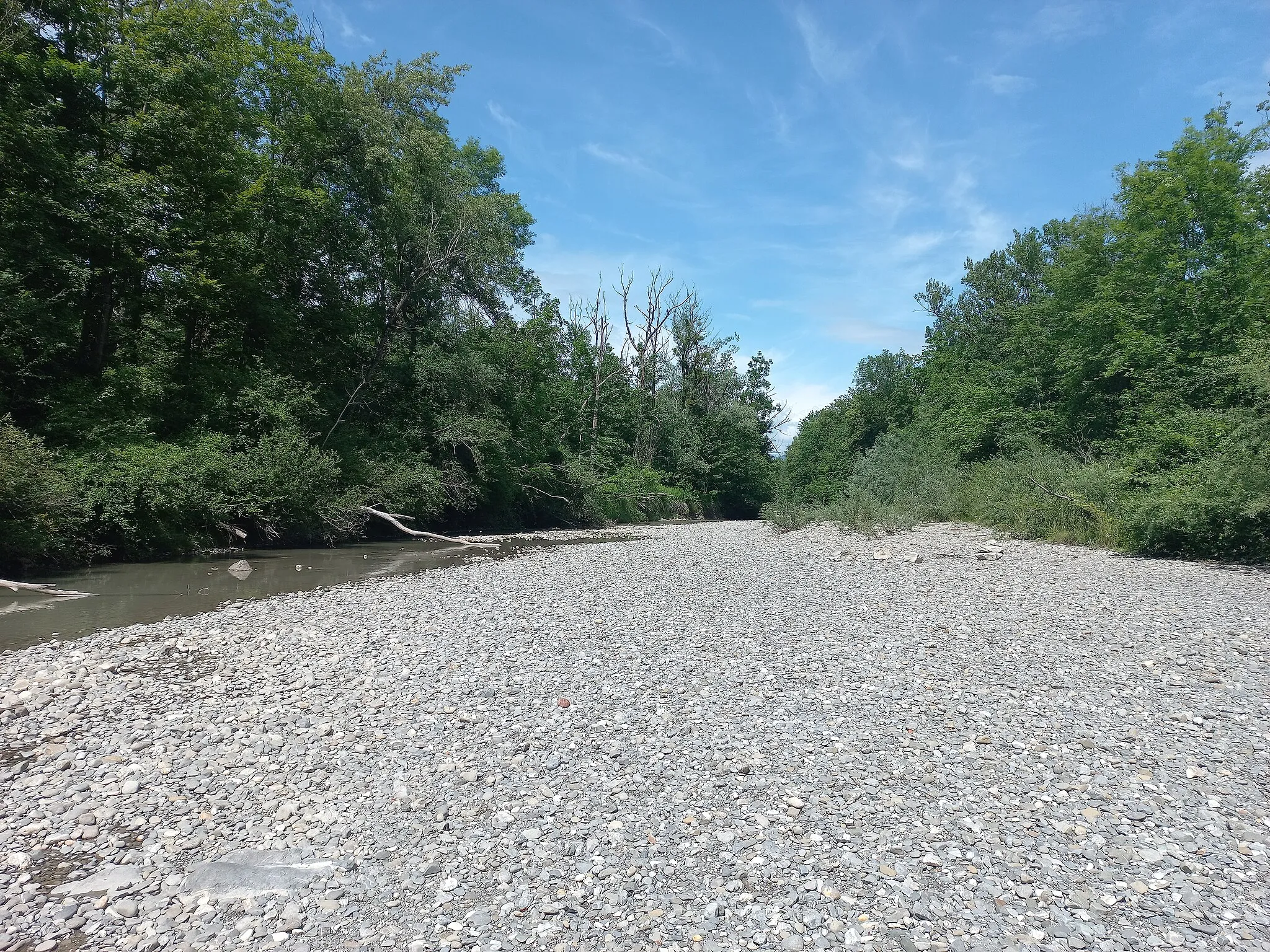 Photo showing: Dornbirner Ache (river) after prolonged dryness (shortly after Achfurt) in Dornbirn in Vorarlberg, Austria.