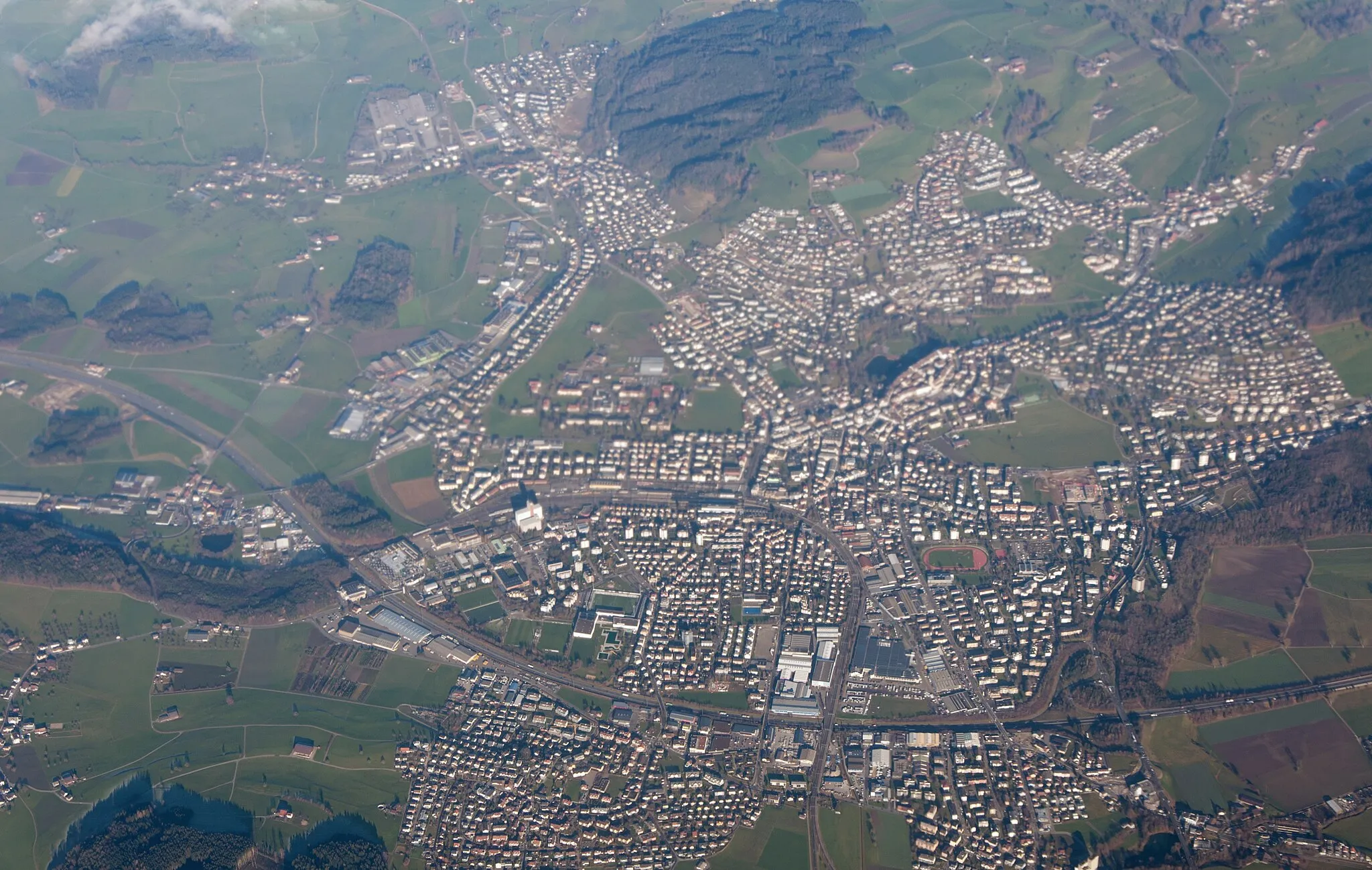 Photo showing: Switzerland, Canton of St. Gallen, aerial view of Wil from 5100 m asl.