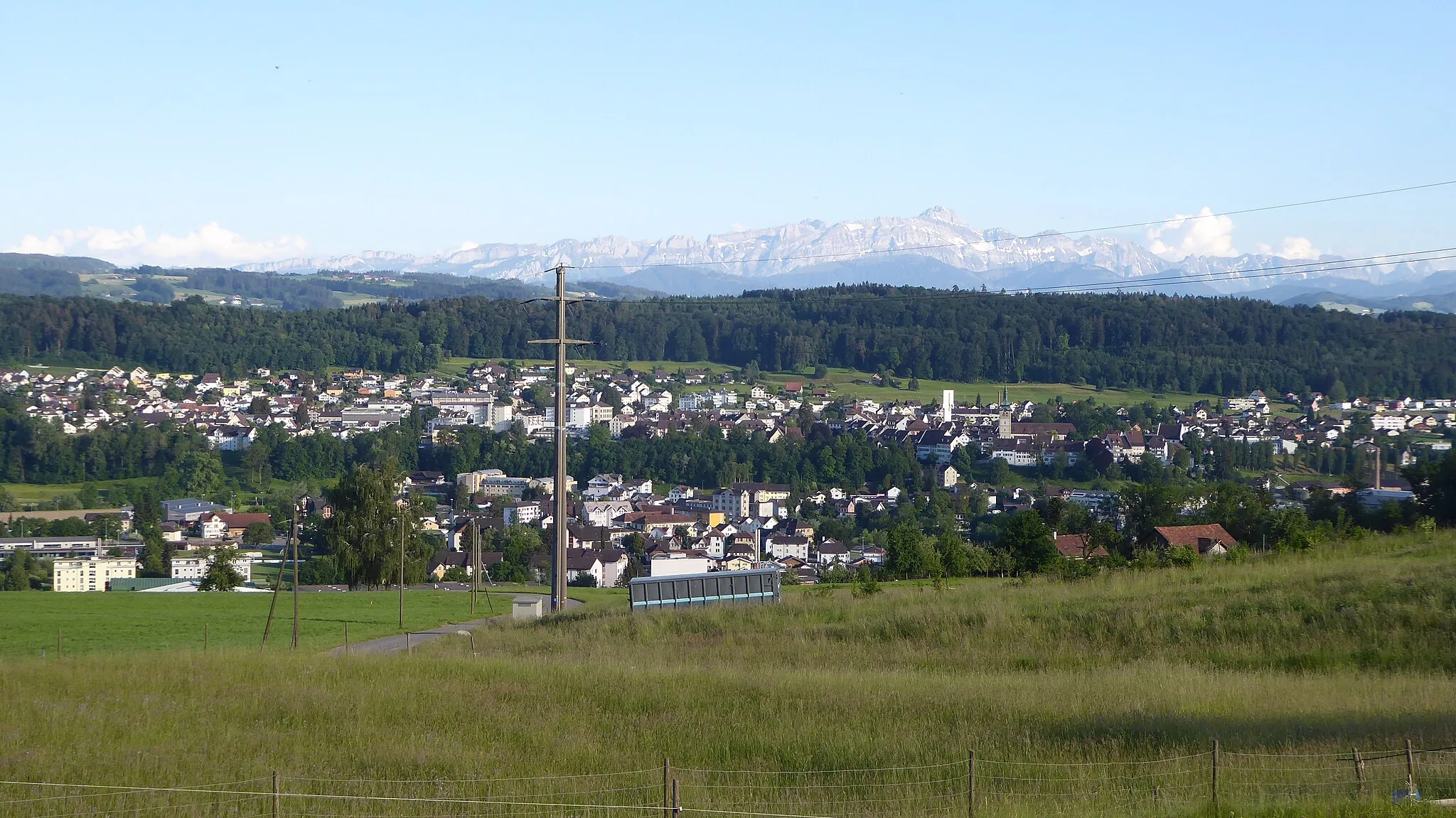 Photo showing: Blick vom Hummelberg (Gemeinde Hohentannen) auf Bischofszell; im Hintergrund der Alpstein