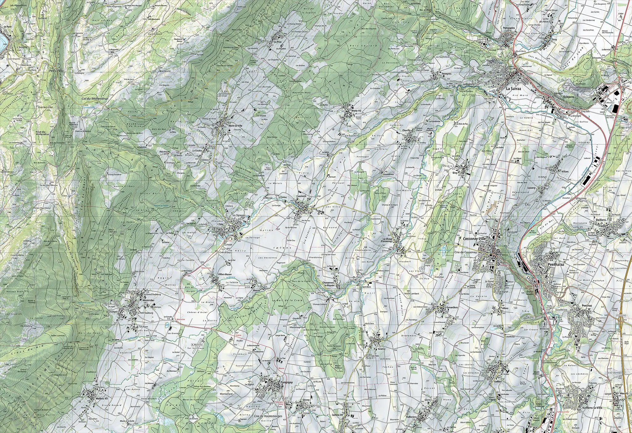 Photo showing: National Map of Switzerland 1:25'000, sheet 1222 Cossonay. Nota bene: this is compressed JPEG version of the original TIFF file. The map can be also consulted on the geographical portal.