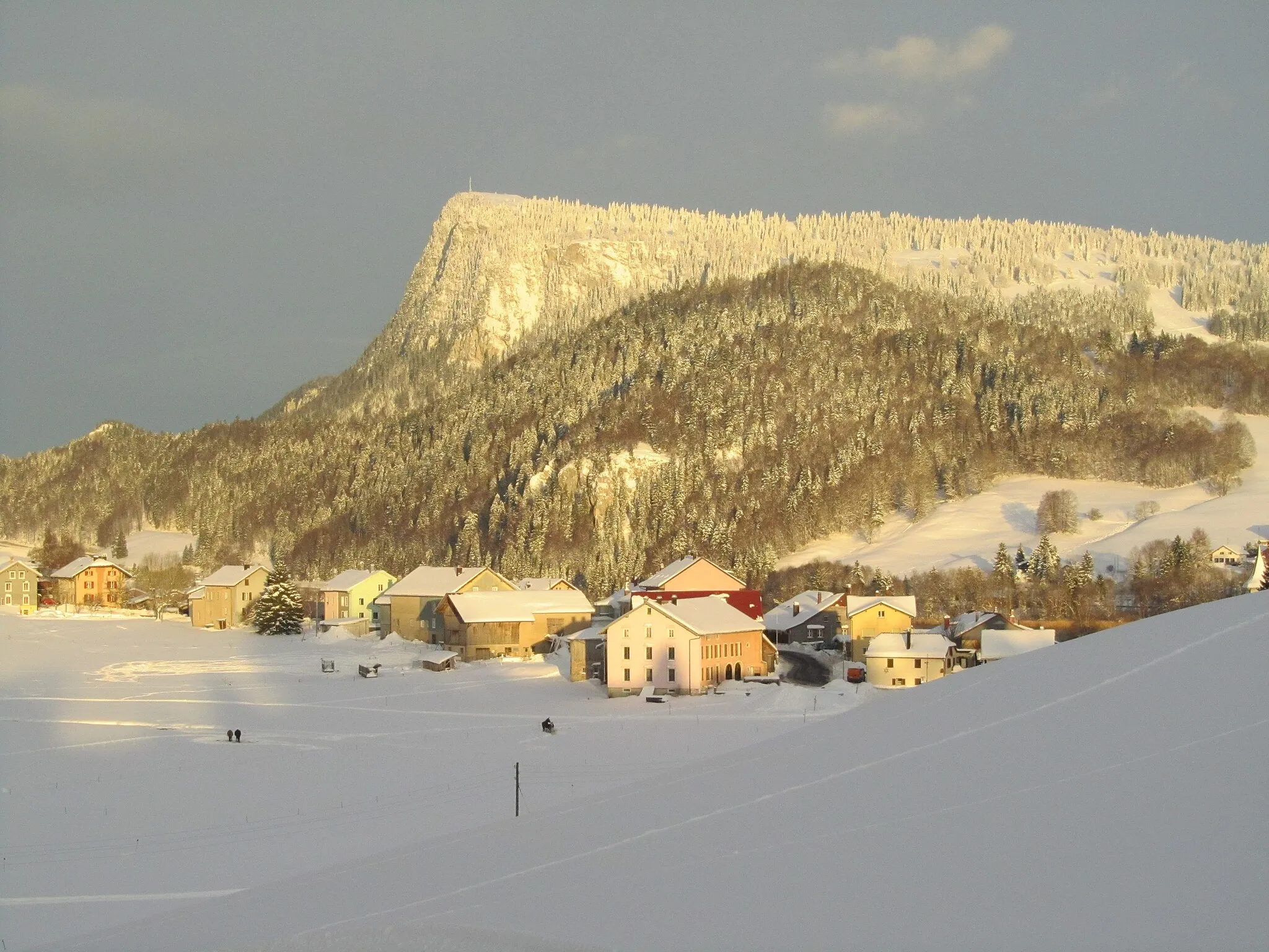 Photo showing: Les Charbonnières en hiver, avec la Dent de Vaulion en arrière fond