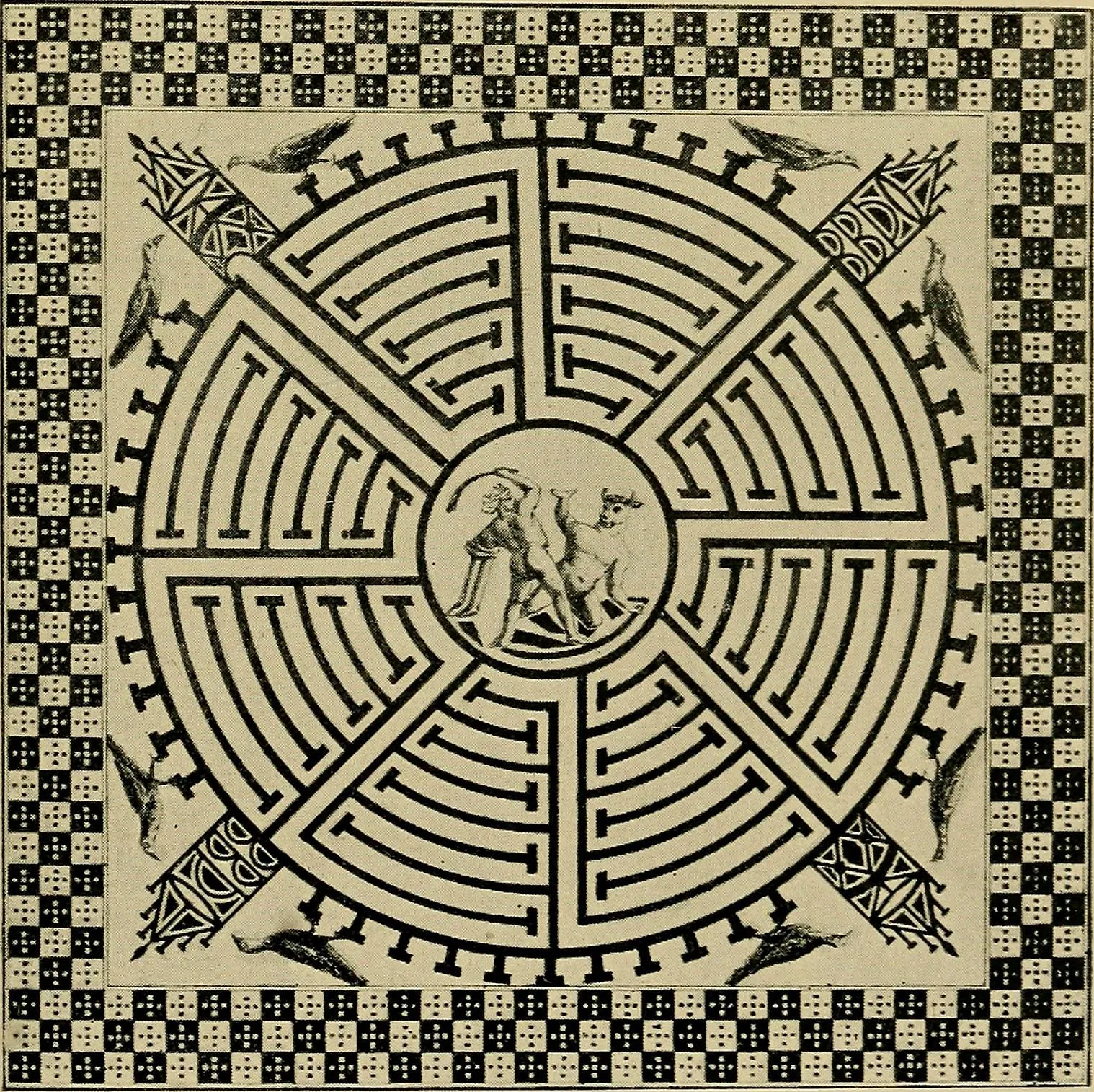 Photo showing: Identifier: mazeslabyrinthsg1922matt (find matches) Title: Mazes and labyrinths; a general account of their history and developments Year: 1922 (1920s) Authors: Matthews, William Henry, 1882- Subjects: Labyrinths Publisher: London, New York, etc. Longmans, Green Contributing Library: Boston College Libraries Digitizing Sponsor: Boston Library Consortium Member Libraries View Book Page: Book Viewer About This Book: Catalog Entry View All Images: All Images From Book
Click here to view book online to see this illustration in context in a browseable online version of this book. Text Appearing Before Image: Fig. 34. Mosaic at Caerleon, Mon. (O Morgan, in Proc. Mon.and Caerleon Ant. Assn, 1866) Text Appearing After Image: Fig. 36. Mosaic at Cormerod, Switzerland.(Mitt. Ant. Ges. Zurich, XVI.) mentioned above, the central space being occupied bythe Minotaur^ who is shown in an attitude of defeat. Note About Images
Please note that these images are extracted from scanned page images that may have been digitally enhanced for readability - coloration and appearance of these illustrations may not perfectly resemble the original work.