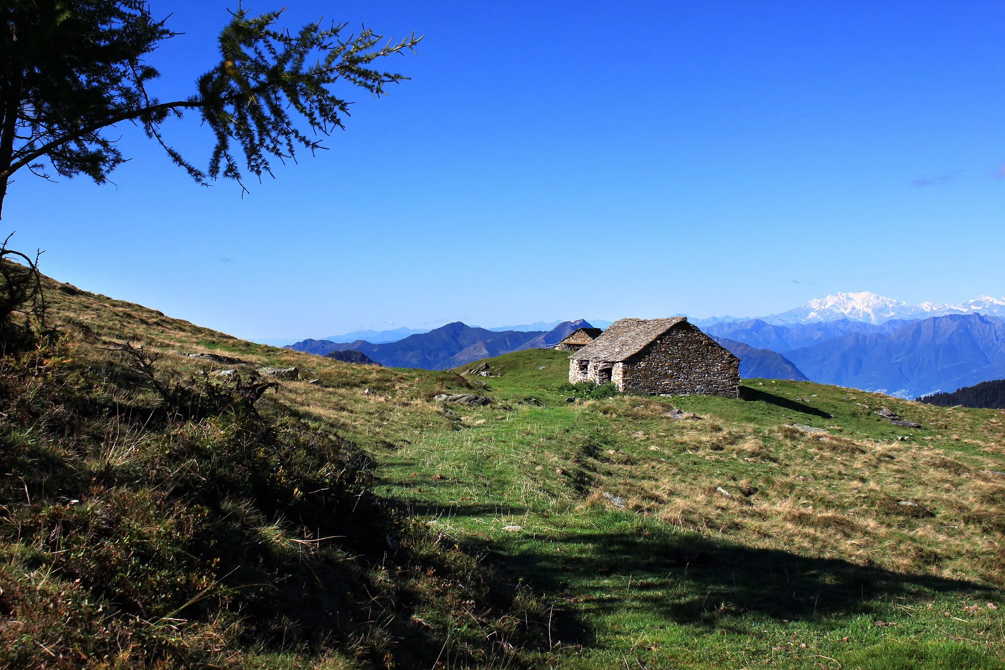 Photo showing: Die Alpe Cadinello (1828 m.ü.M.) am Südeingang des Tunnels von Mesolcina oberhalb von Roveredo im Grenzbereich zwischen den Schweizer Kantonen Tessin und Graubünden. In der Ferne steht der mächtige Monte Rosa.