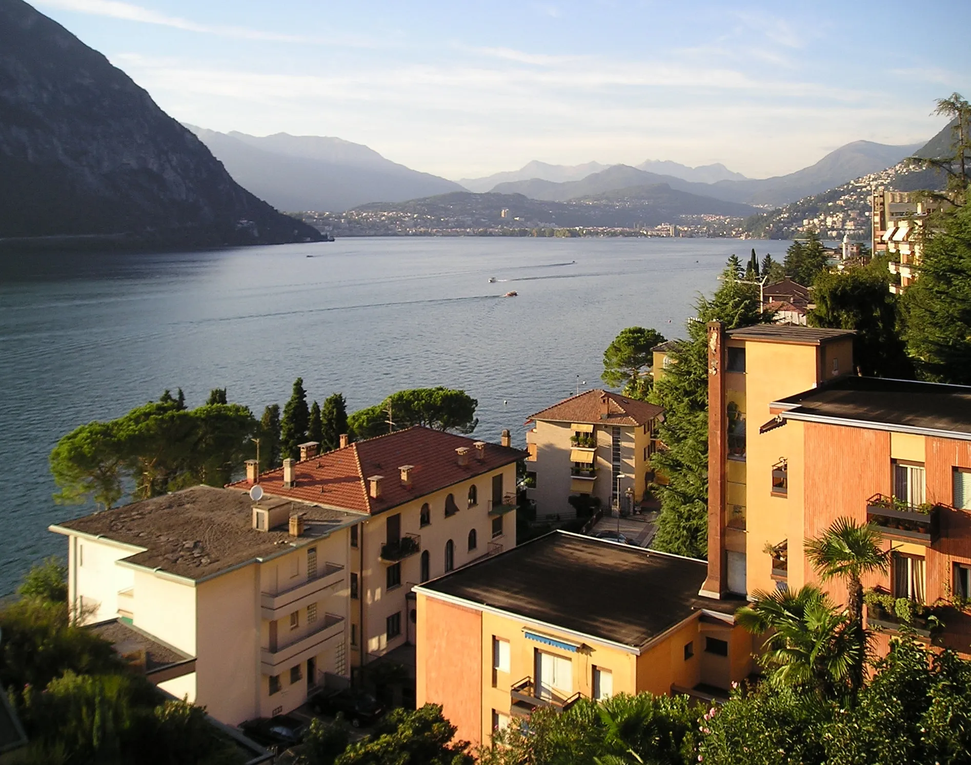 Photo showing: Foreshortening of Campione with Lugano in the background