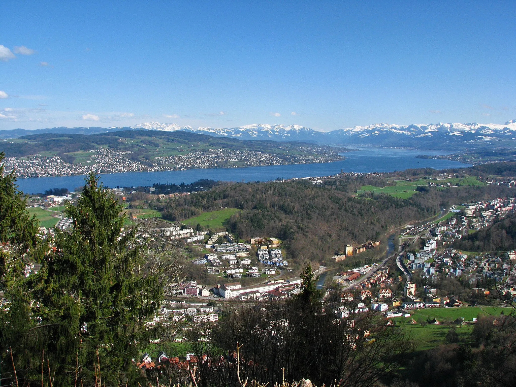 Photo showing: Sihl valley, Zimmerberg, Zürichsee, and Pfannenstiel in the background, as seen from Felsenegg.