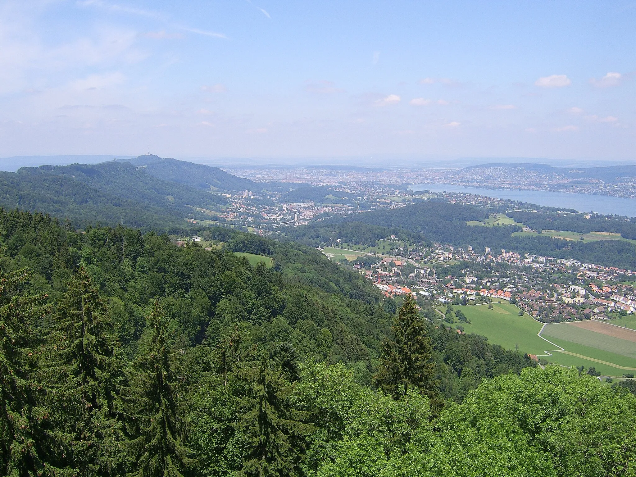 Photo showing: Blick vom Aussichtsturm Hochwacht über Albiskette, Langnau am Albis, Adliswil und Zürichsee nach Zürich