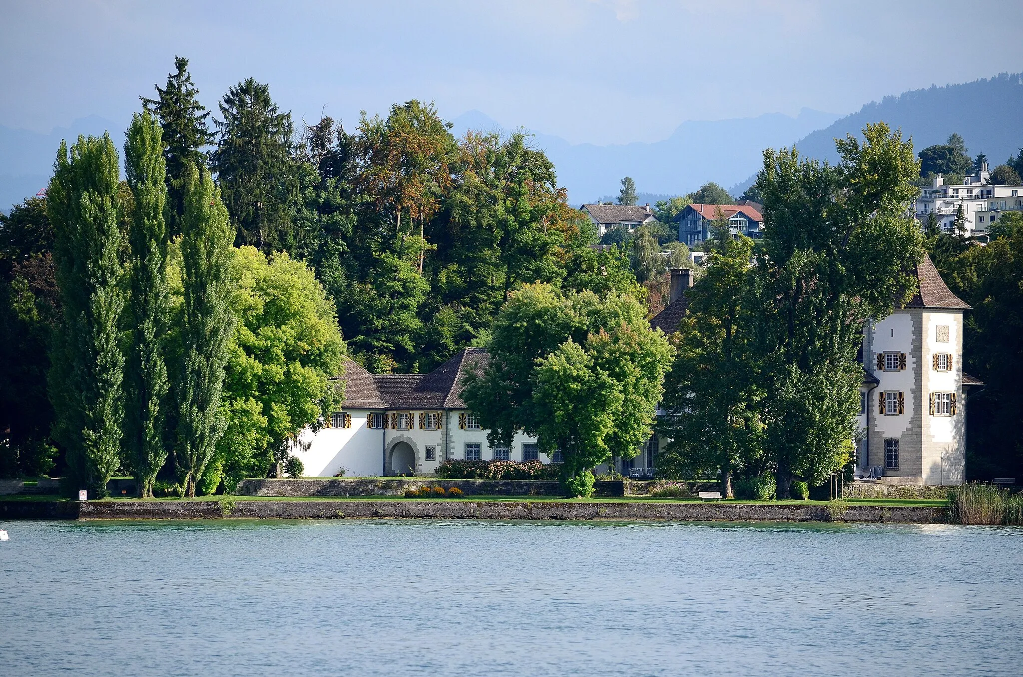Photo showing: Au peninsula and Werdmüller estate in Au as seen from Zürichsee-Schiffahrtsgesellschaft (ZSG) paddle steamer Stadt Rapperswil on Zürichsee in Switzerland