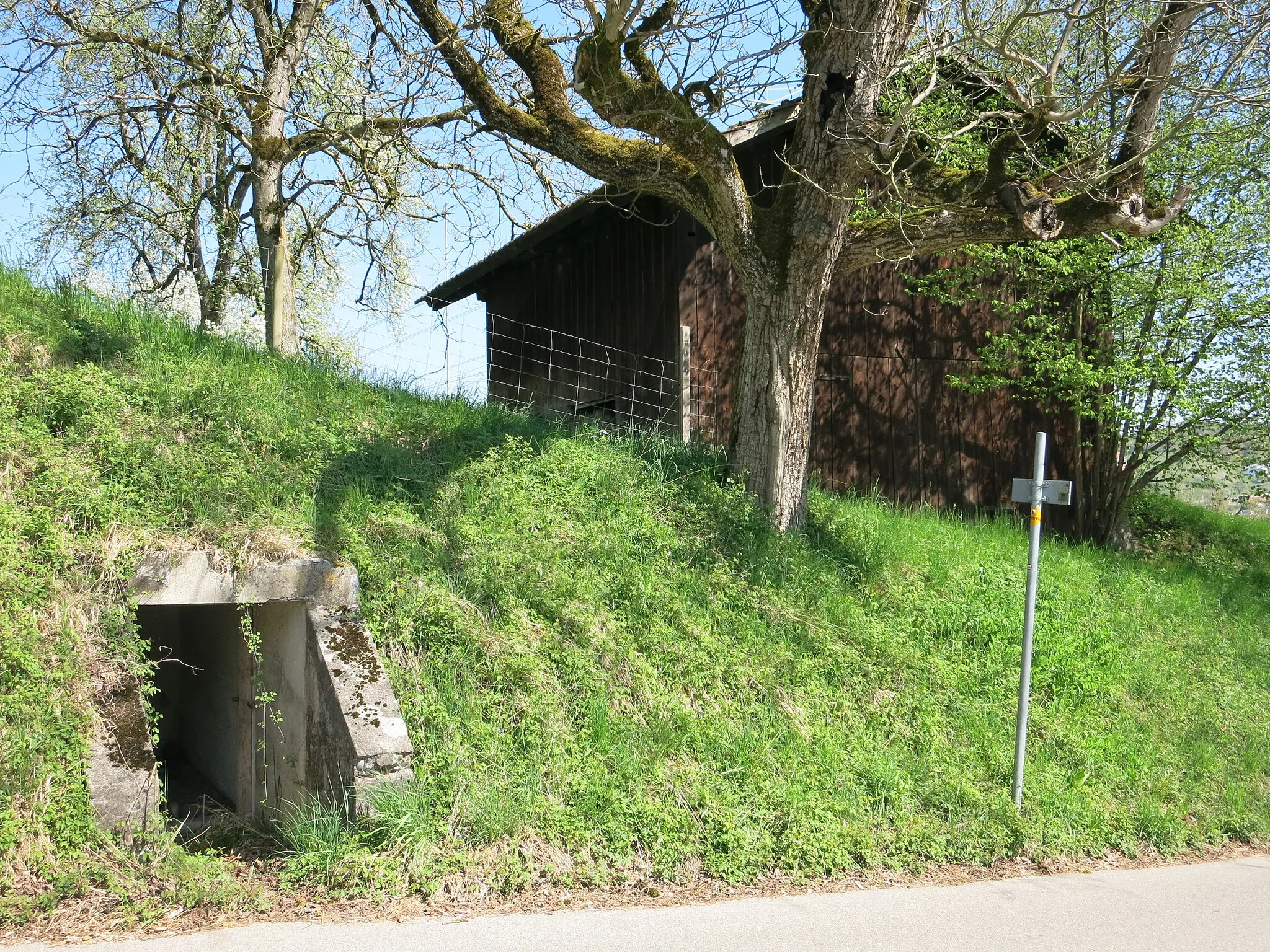 Photo showing: Sperrstelle Birmensdorf ZH, Schweiz: mit Scheune überbaute 7.5cm Feldgeschützstellung mit Unterstand Kaufhaus Löffler A 5026 Stierlibergstrasse