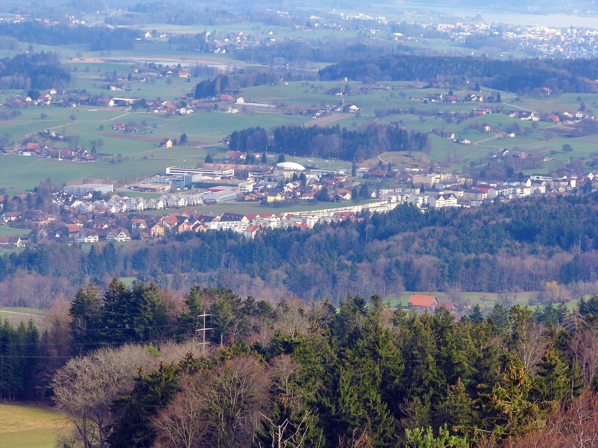 Photo showing: Esslingen (Switzerland), as seen from Pfannenstiel Aussichtsturm, Rapperswil-Jona in the background.
