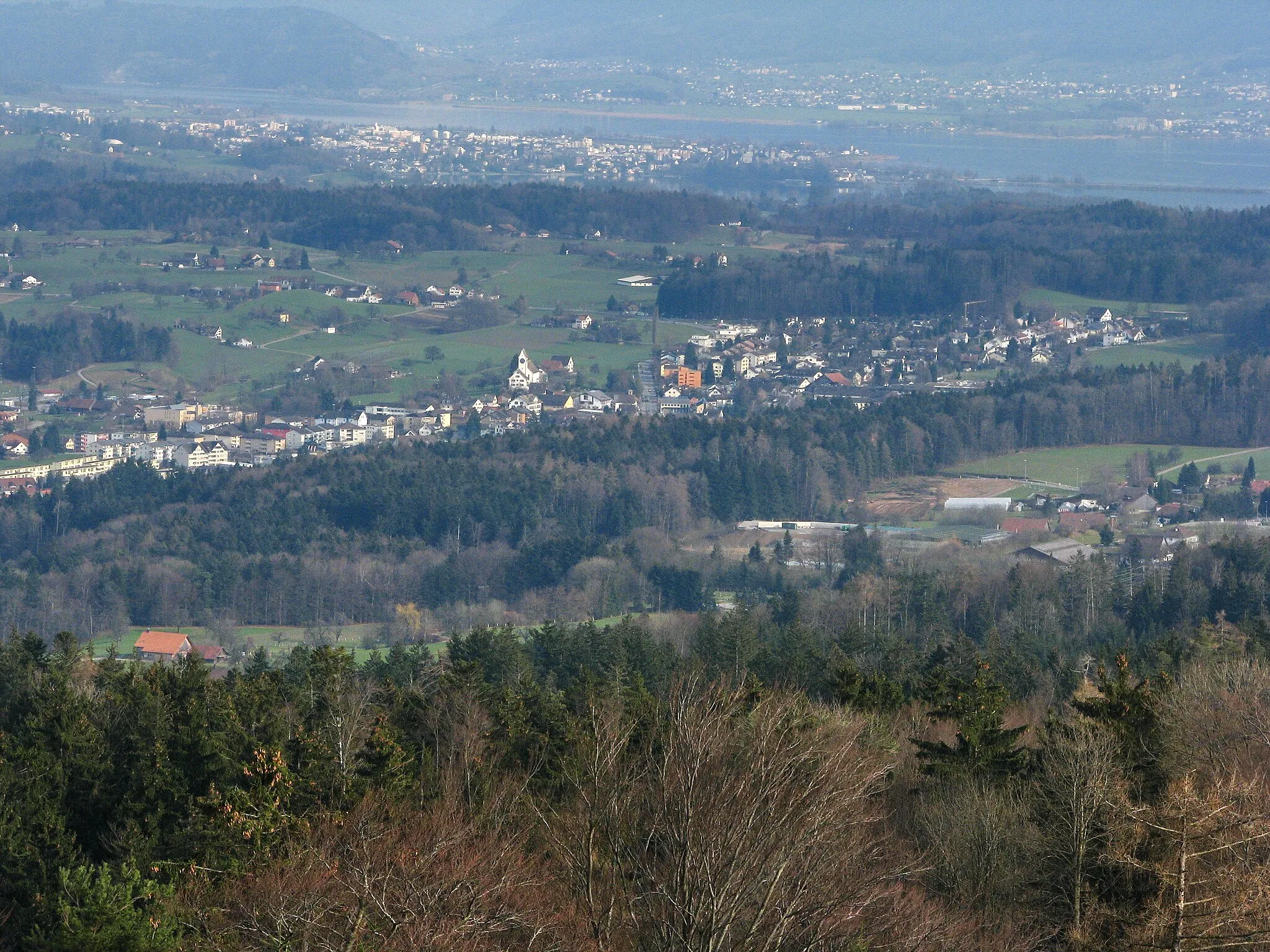 Photo showing: Esslingen (Switzerland), as seen from Pfannenstiel Aussichtsturm, Rapperswil-Jona and Obersee (upper Lake Zürich) in the background.