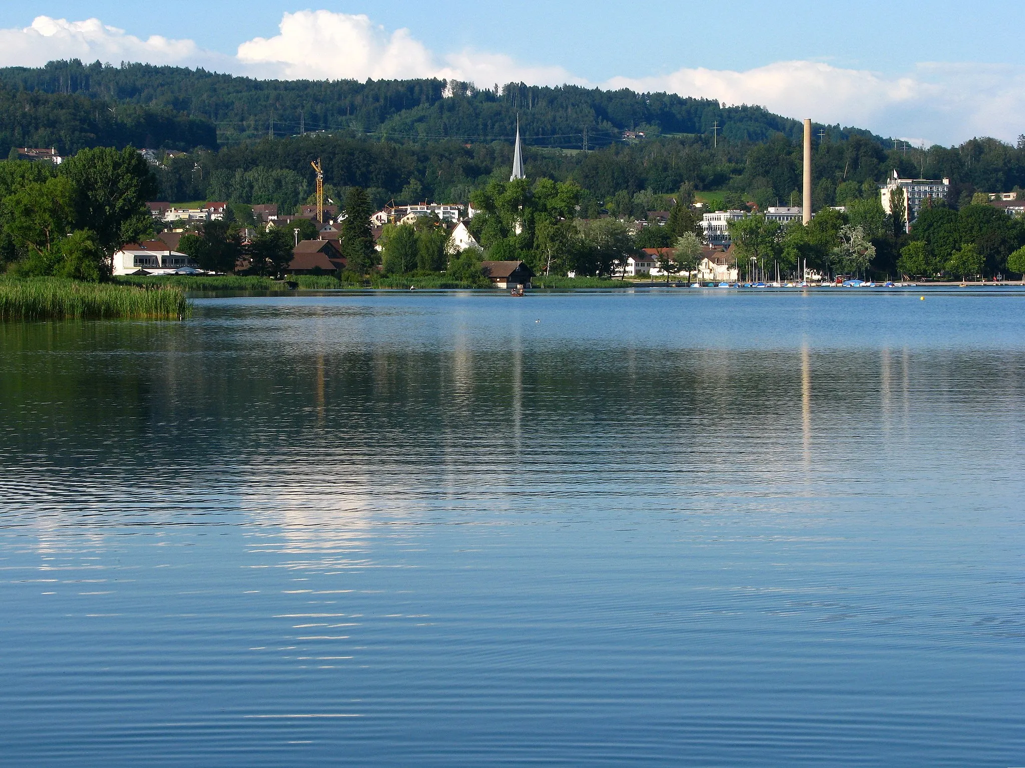 Photo showing: Pfäffikon (ZH) and Pfäffikersee (Lake Pfäffikon) as seen from Rutschberg.