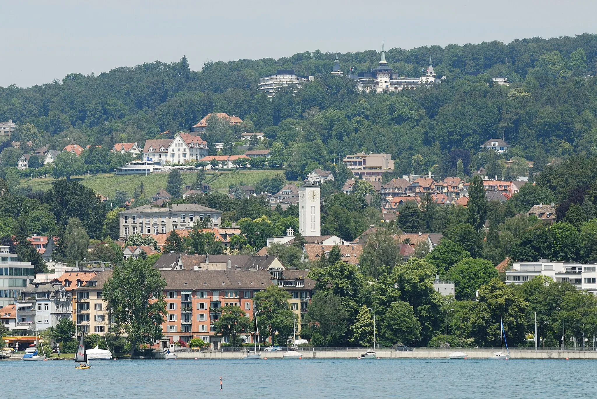 Photo showing: View of Riesbach from a boat on Lake Zürich. In the middle towards the left edge there is the Sonnenberg Convention Center, towards the top the Grand Hotel Dolder.