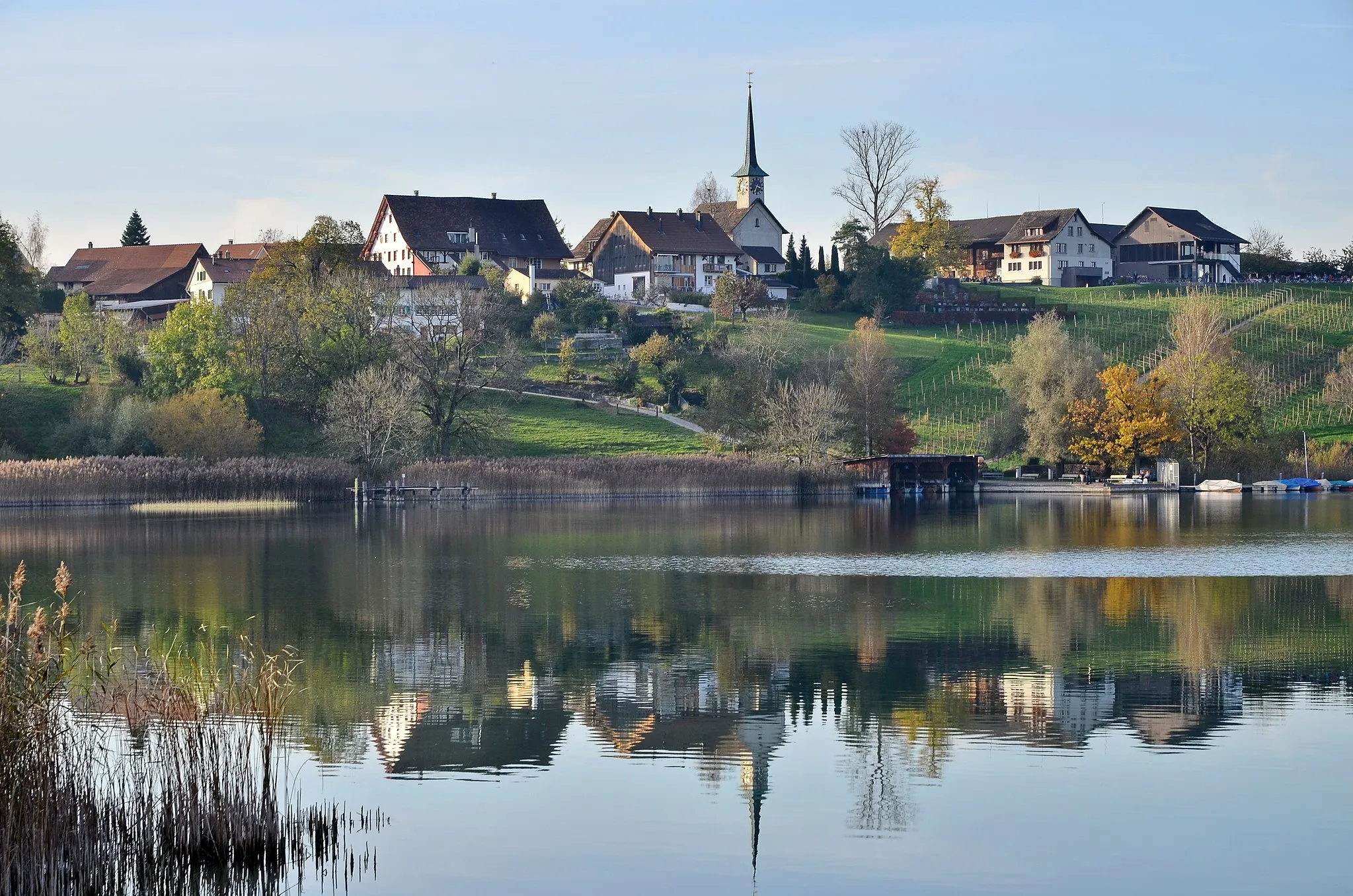 Photo showing: Ustermer Aa at Robenhausen (Robenhuserriet) in Wetzikon (Switzerland), Seegräben in the background.