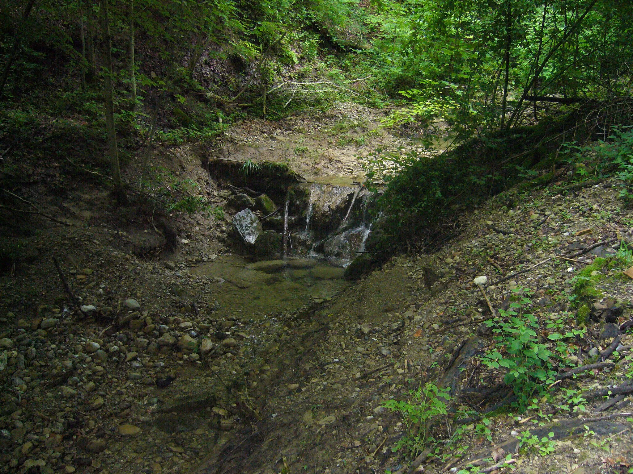 Photo showing: Wasserfall im Hubackertobel (Name auf der Siegfriedkarte. Heute fliesst dort der Jungholztobelbach - Name des Steigbach auf Gemeindegebiet von Brütten) zwischen Brütten und Winterthur.