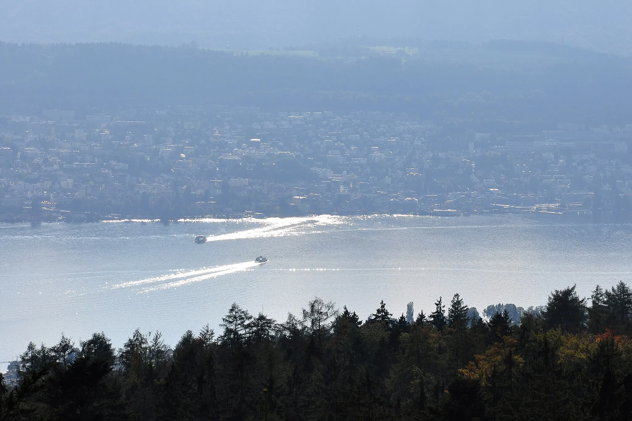 Photo showing: Horgen (Switzerland), as seen from Pfannenstiel Aussichtsturm, Zürichsee (Lake Zürich) in the foreground.