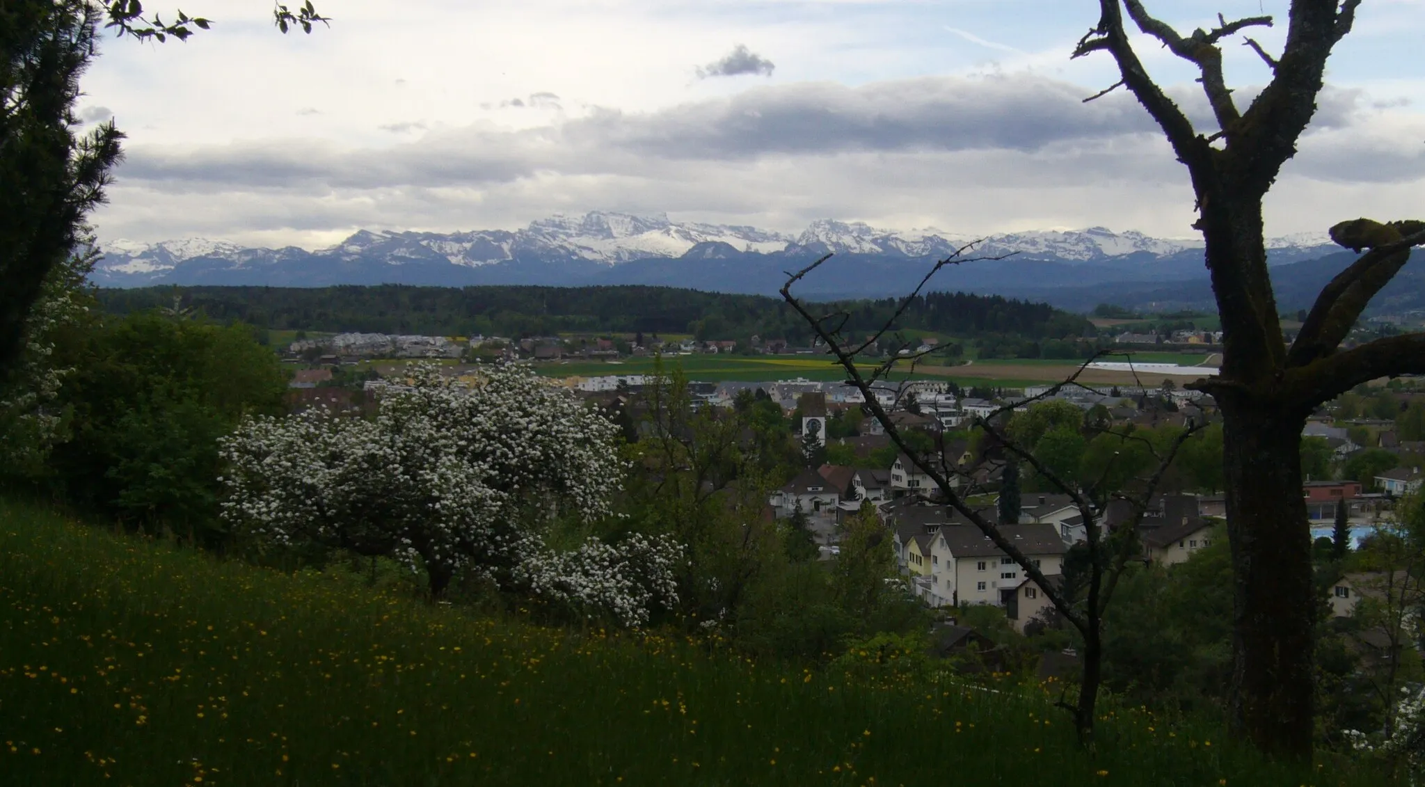 Photo showing: Blick von Nordnordwesten über Bassersdorf und Baltenswil, mit den Glarner Alpen im Hintergrunde.