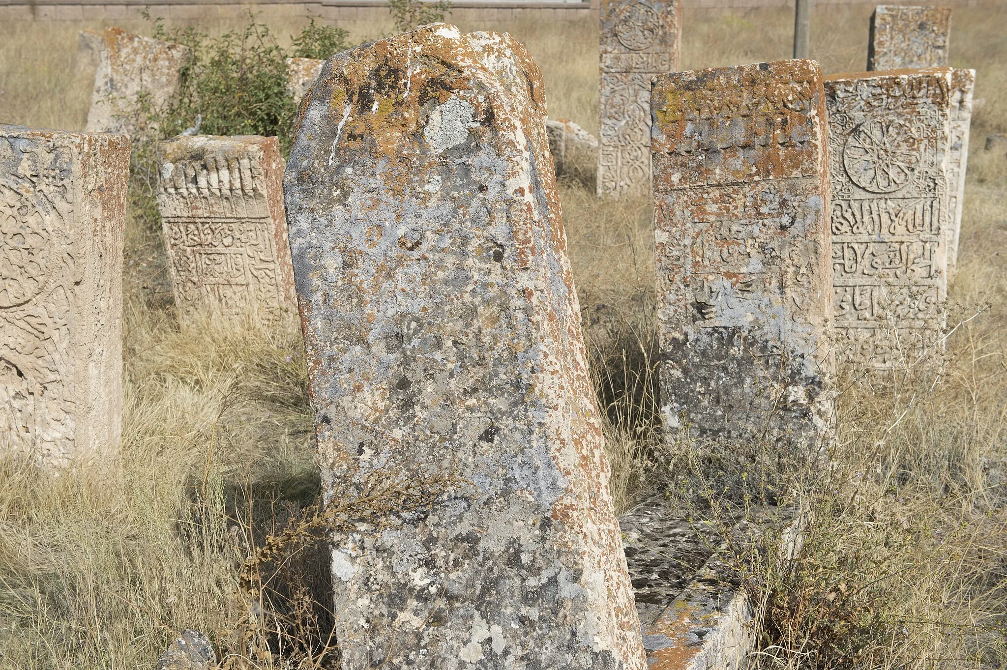 Photo showing: One of some pictures of the graveyard and an important monumental grave. This grave is located on the east side of the Seljuk Cemetery in Gevaş District. According to the inscription on the entrance door, it was built by Melik Izzeddin in 1335 for his daughter Halime Hatun. His master is Esed, son of Ahlatlı Pehlivan. The burial chamber of the two-storey cupola has a square plan, and the eastern door is accessed by a ladder. It was built as a dodecagonal body on a square base with bevelled corners. The cupola, which is covered with a pyramidal cone at the top, was built with smooth cut stone material. A crown door was opened on the northern façade of the body, and windows were opened in the other three directions. Triangular niches animate the surfaces in between. All the facades are decorated with vegetal, geometric and inscriptions in the form of strips and medallions. It was restored by the General Directorate of Foundations. (Information at site of Van İl Kültür ve Turizm Müdürlüğü )