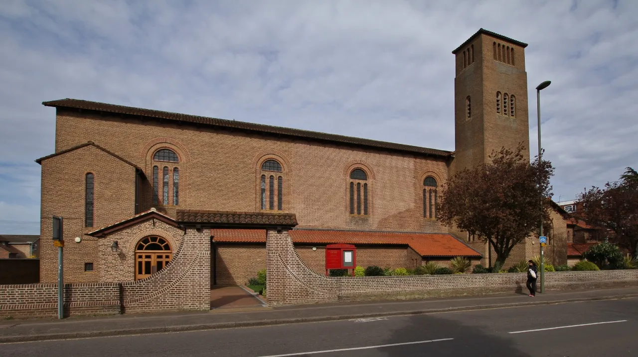 Photo showing: Roman Catholic church of St Michael, Fordbridge Road, Middlesex (now Surrey), seen from east south-east