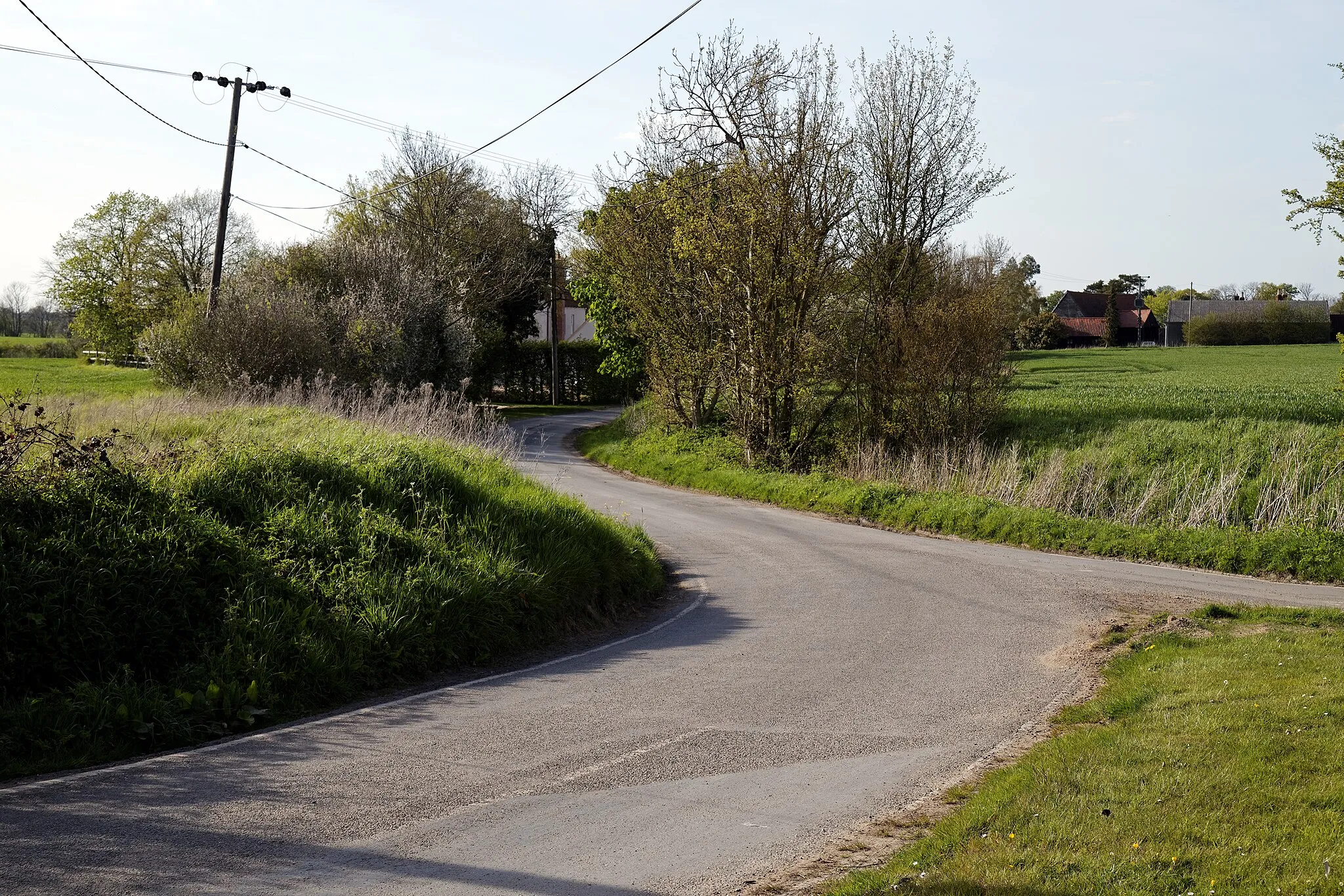 Photo showing: At a 'Y' junction with overhead power lines on Little Laver Road at Little Laver, Essex, England. Camera: Canon EOS 6D with Canon EF 24-105mm F4L IS USM lens. Software: large RAW file lens-corrected, optimized and downsized with DxO OpticsPro 10 Elite, Viewpoint 2, and Adobe Photoshop CS2.