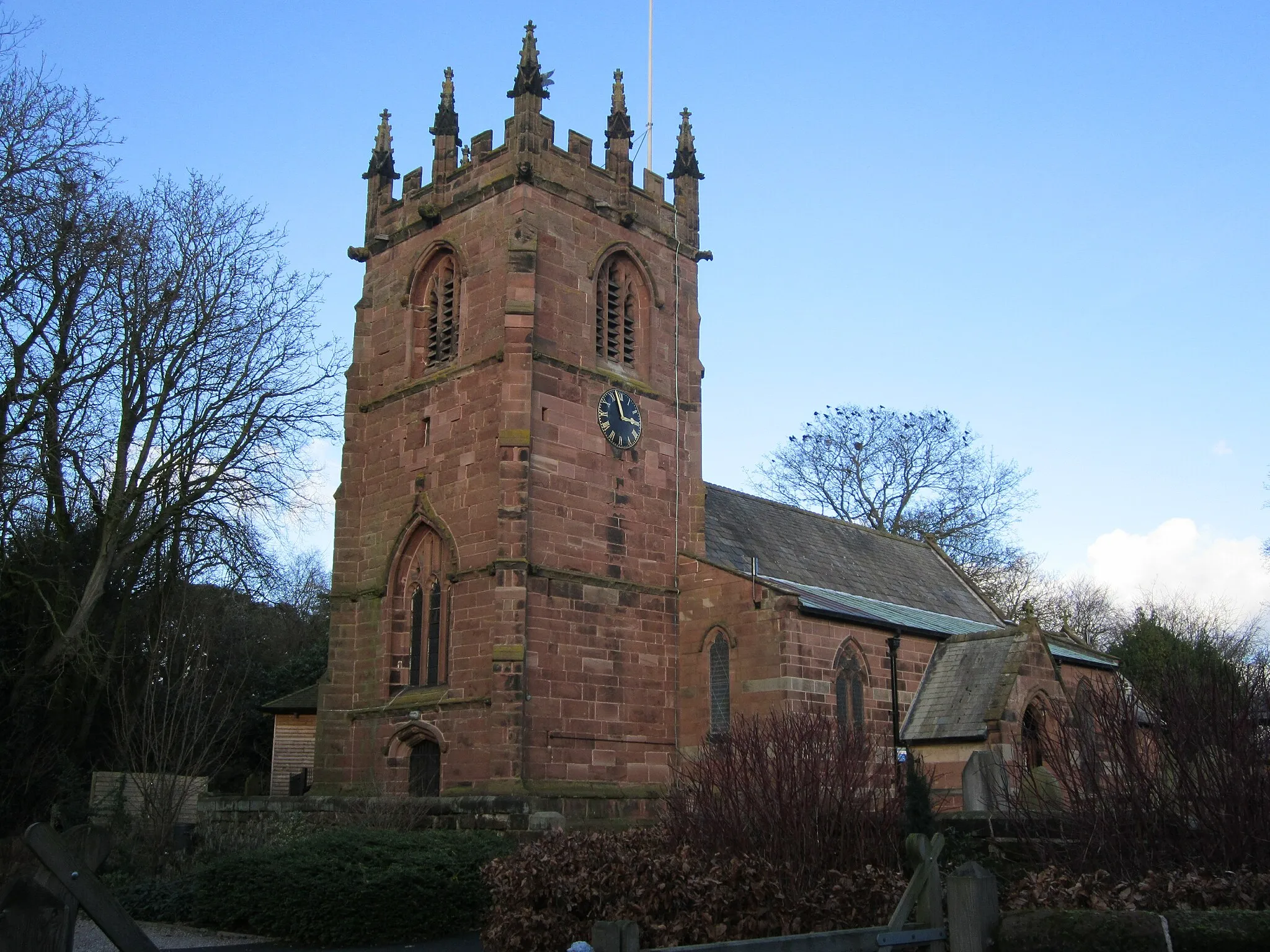 Photo showing: St Oswald's parish church, Backford, Cheshire, England, seen from the southwest