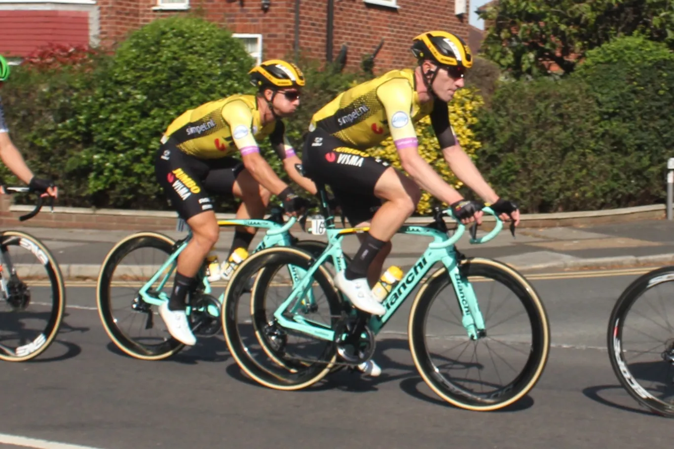 Photo showing: Dylan Groenewegen (left) and Jos van Emden ride through Hazel Grove on the eighth stage of the 2019 Tour of Britain.