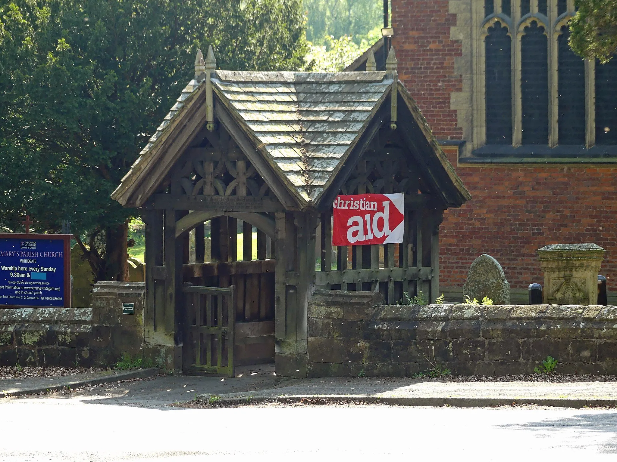 Photo showing: Grade II listed lychgate to St Mary's Church, Whitegate, Cheshire. Listed as "Lych-Gate in Churchyard of St Mary". Wikidata has entry Lych-gate in churchyard of St Mary (Q26454539) with data related to this item.