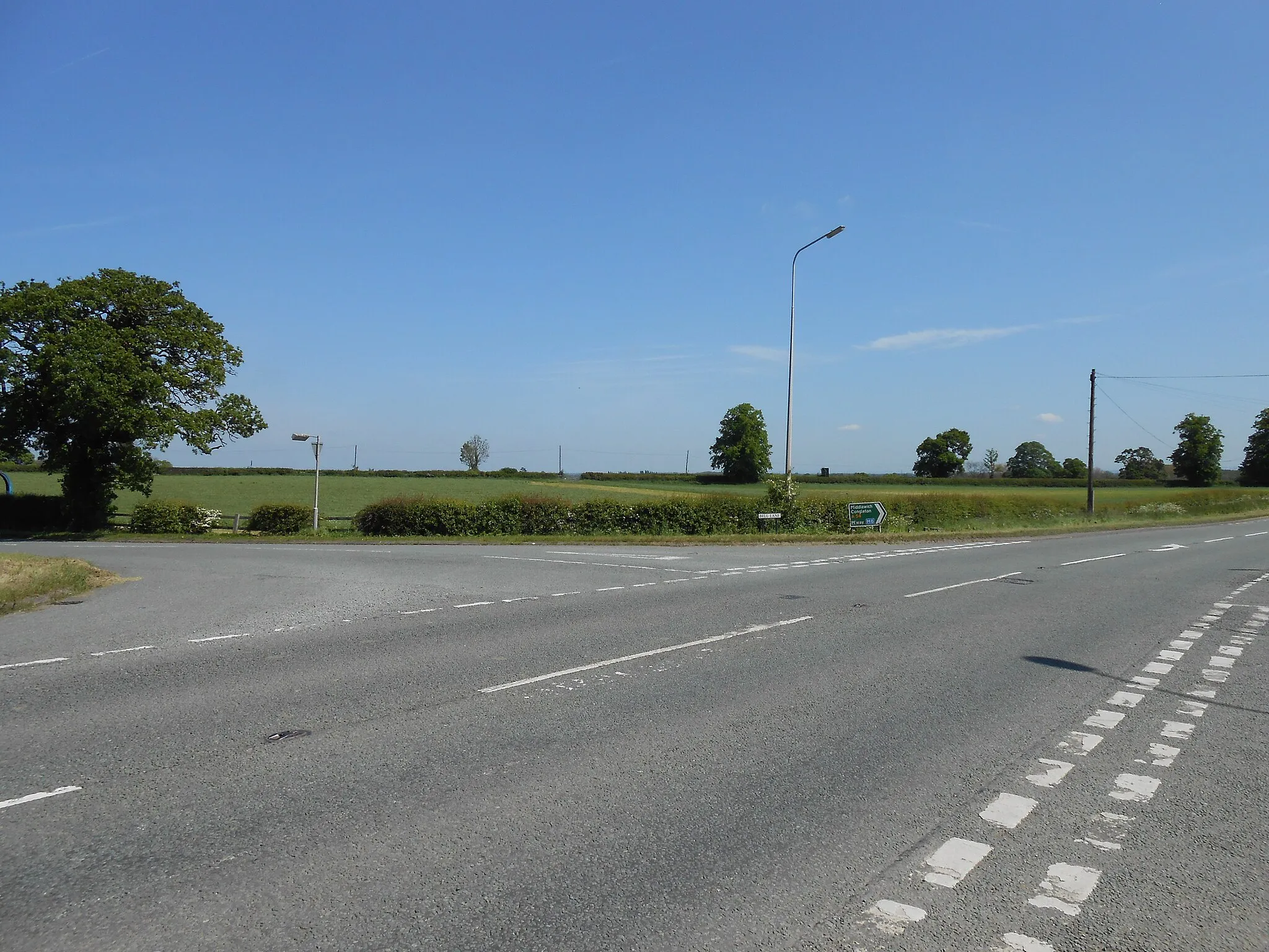 Photo showing: A54 Middlewich Road junction with Bell Lane and Birch Lane in Stanthorne, Cheshire, England.