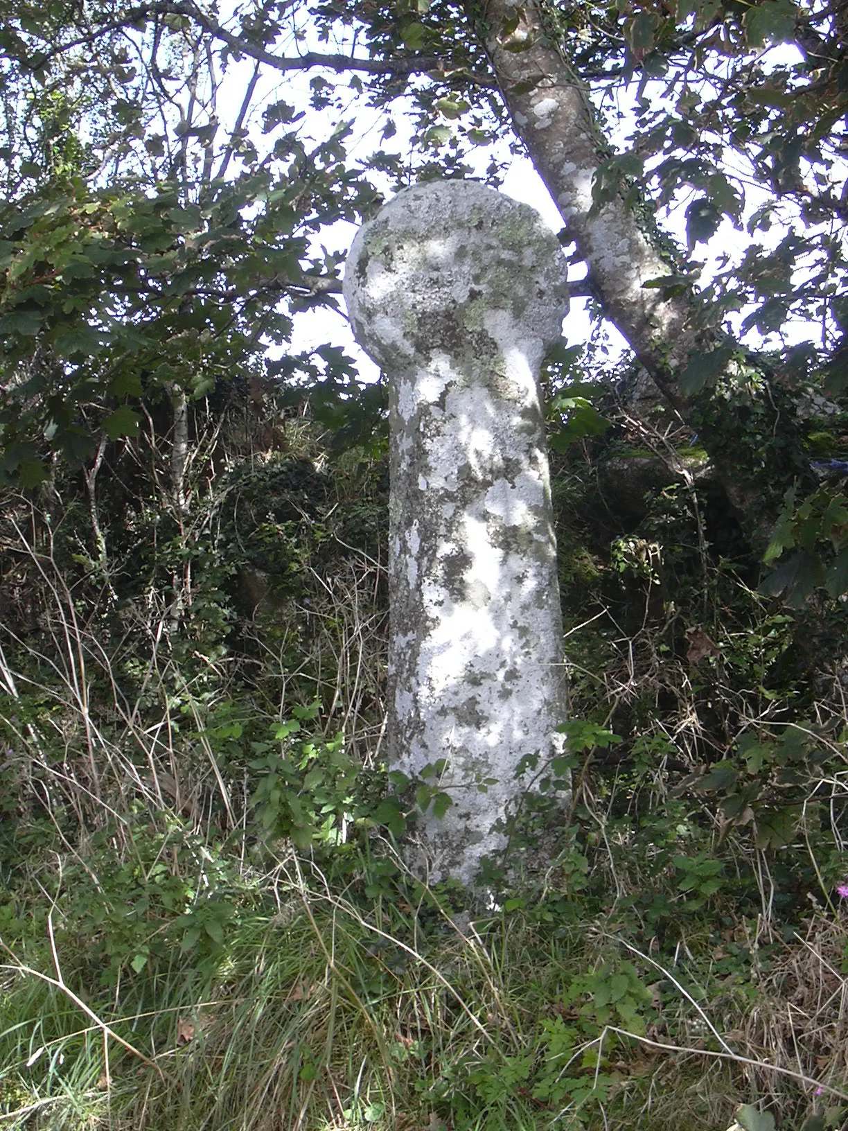 Photo showing: Stone cross at the roadside, Merther Uny at the northern boundary of the civil parish of Gweek, Kerrier District, Cornwall, UK. Explorer map 103 - O.S.Grid ref: SW 70263 29139