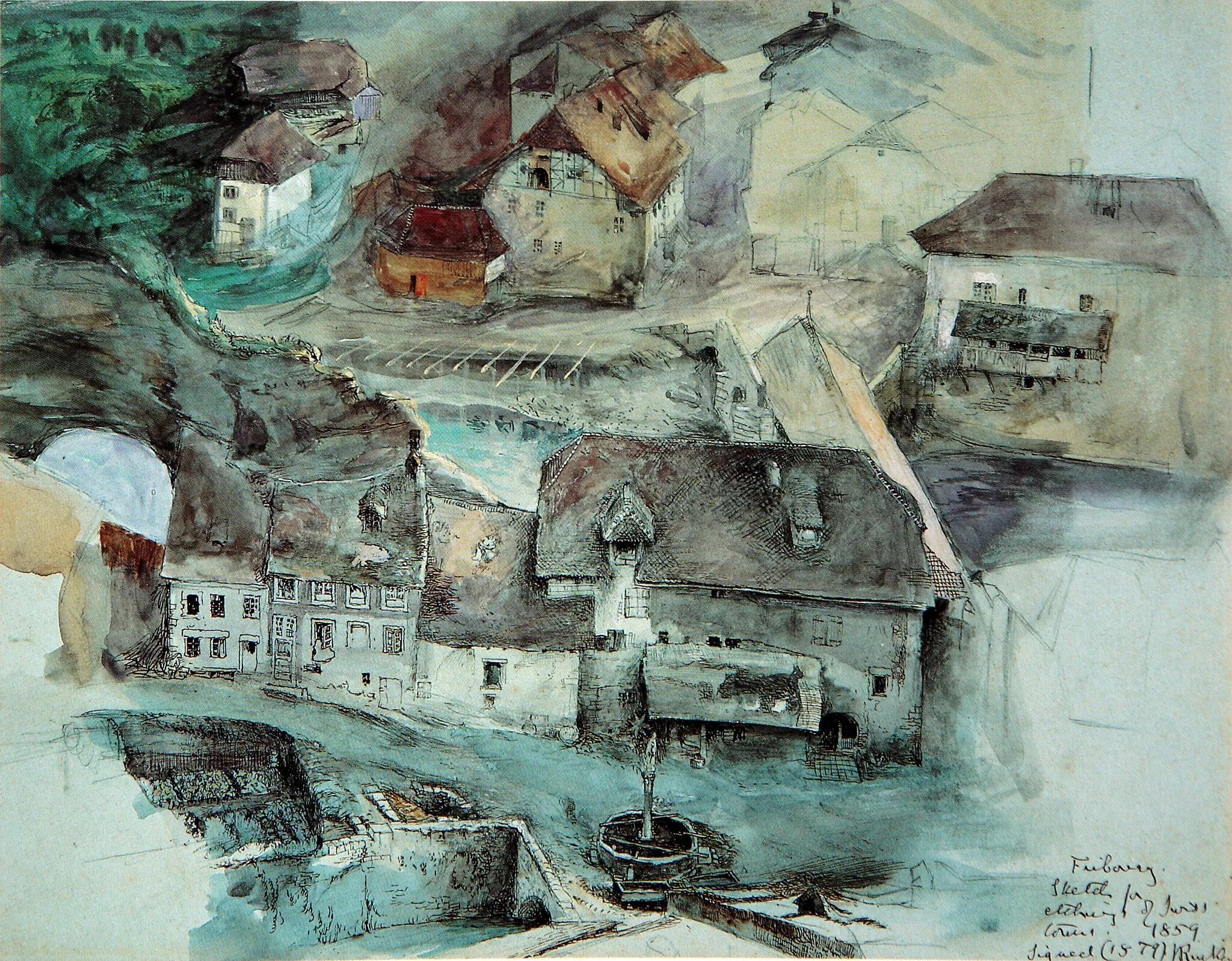Photo showing: Fribourg, Suisse. Pencil, ink, watercolour and bodycolour, 22.5 x 28.7 cm