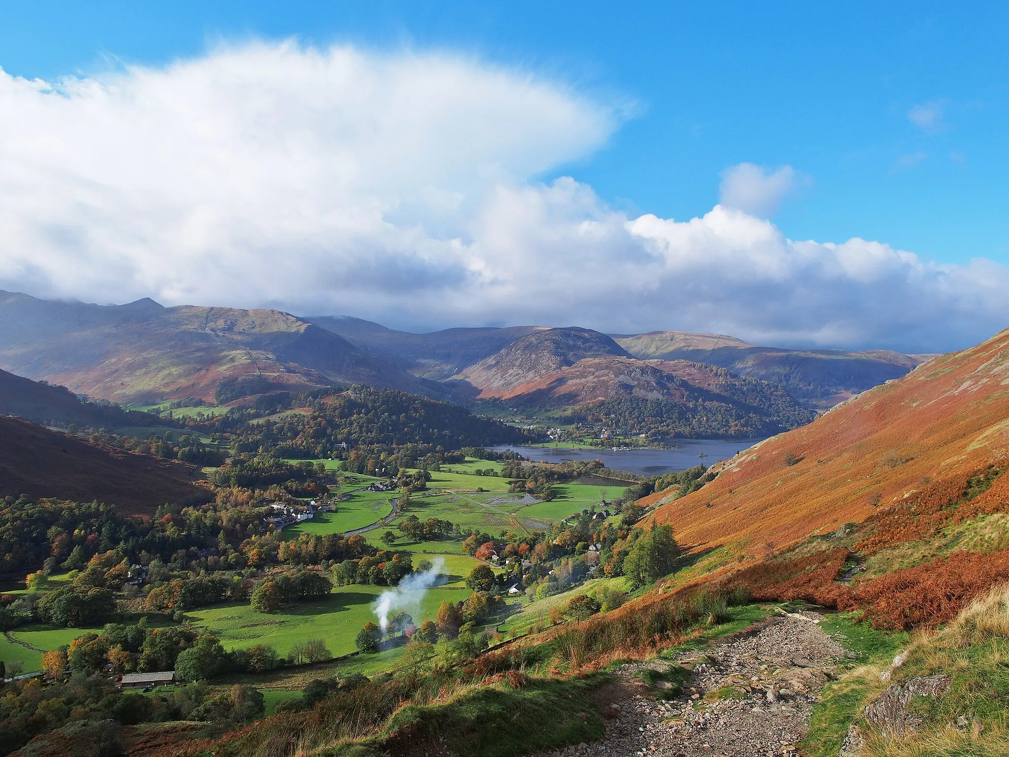 Photo showing: Looking down to Patterdale before turning in for Boredale Hause, Lake District, UK