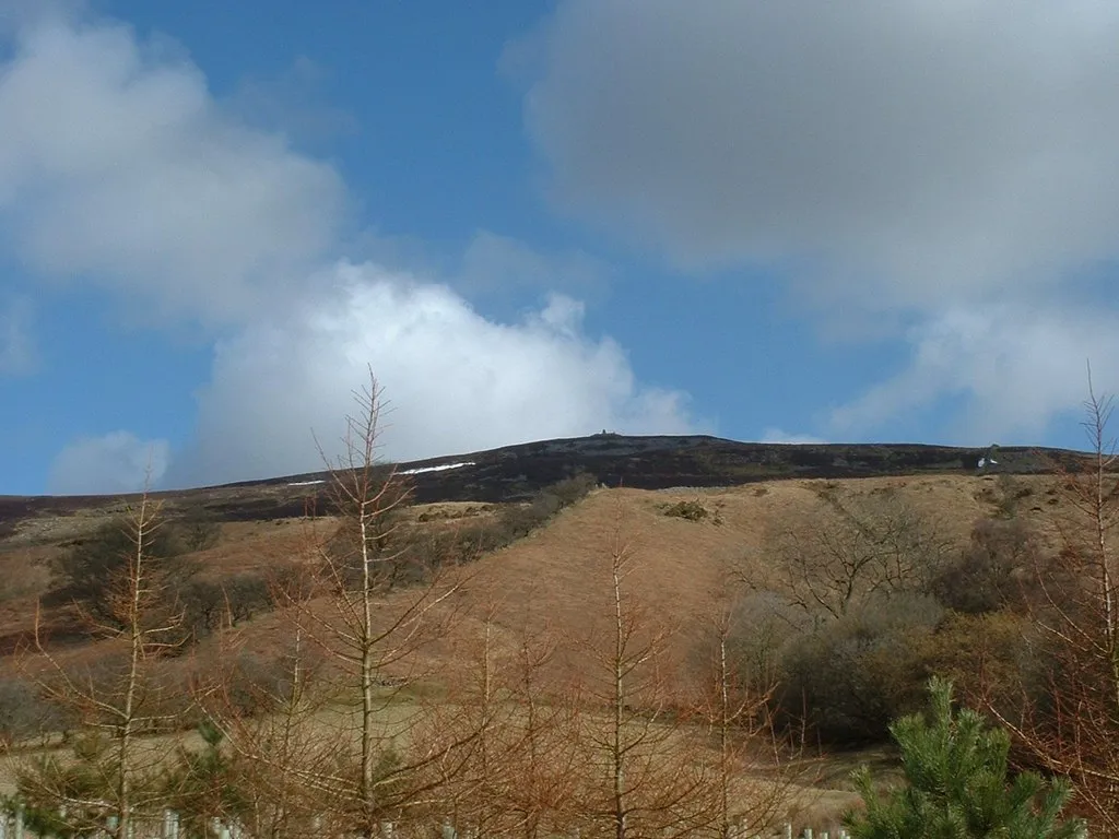 Photo showing: Cardunneth Pike From edge of newly planted mixed forest toward Cardunneth Pike with its trig point (482) and carn, snow still lying.