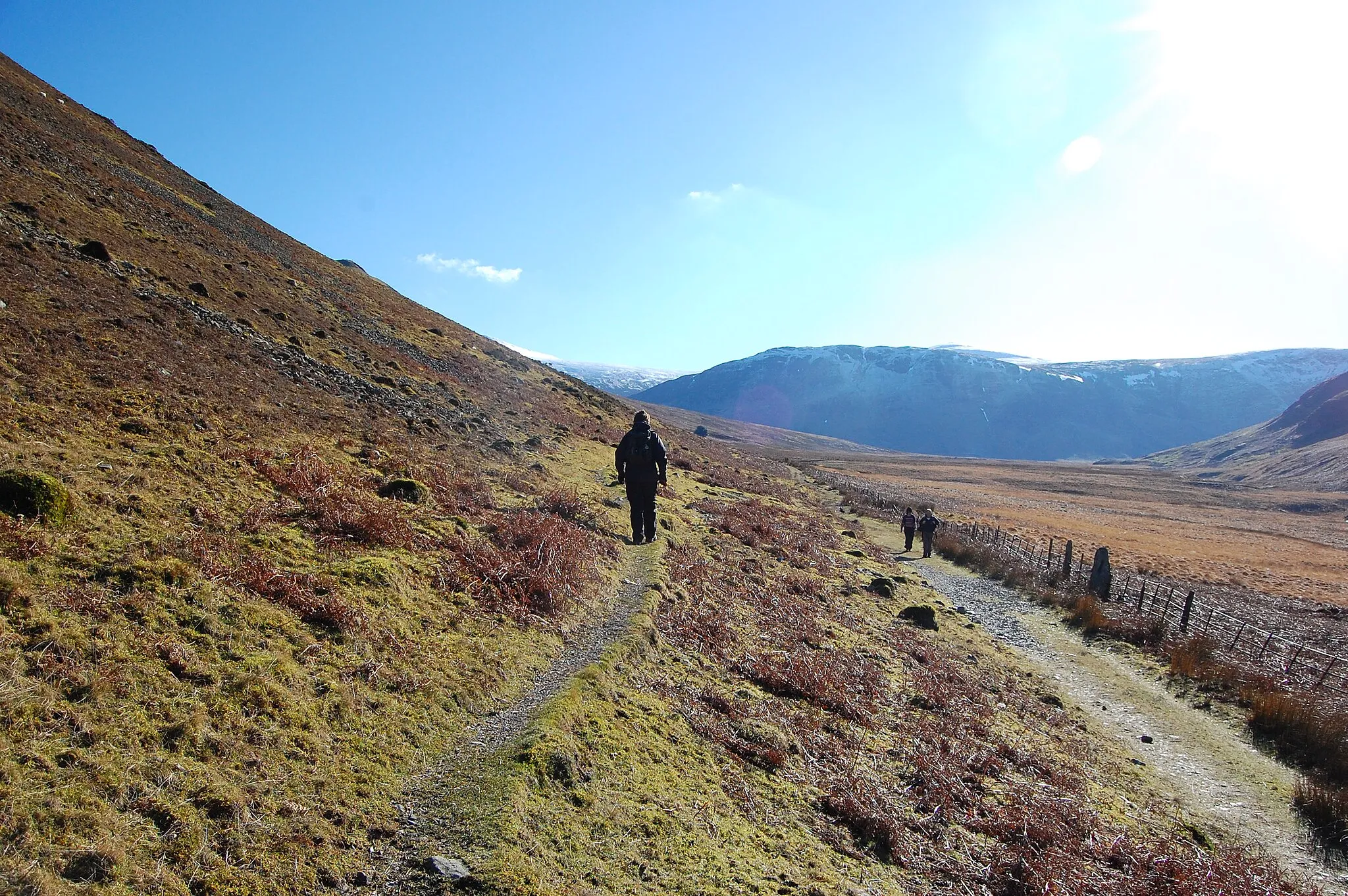 Photo showing: Footpaths in Mosedale A weaker path leaves the main track through Mosedale. It climbs the lower slope of Mellbreak and shortly meets an ascent to the central saddle of Mellbreak, and also meets the public footpath heading for Crummock Water.