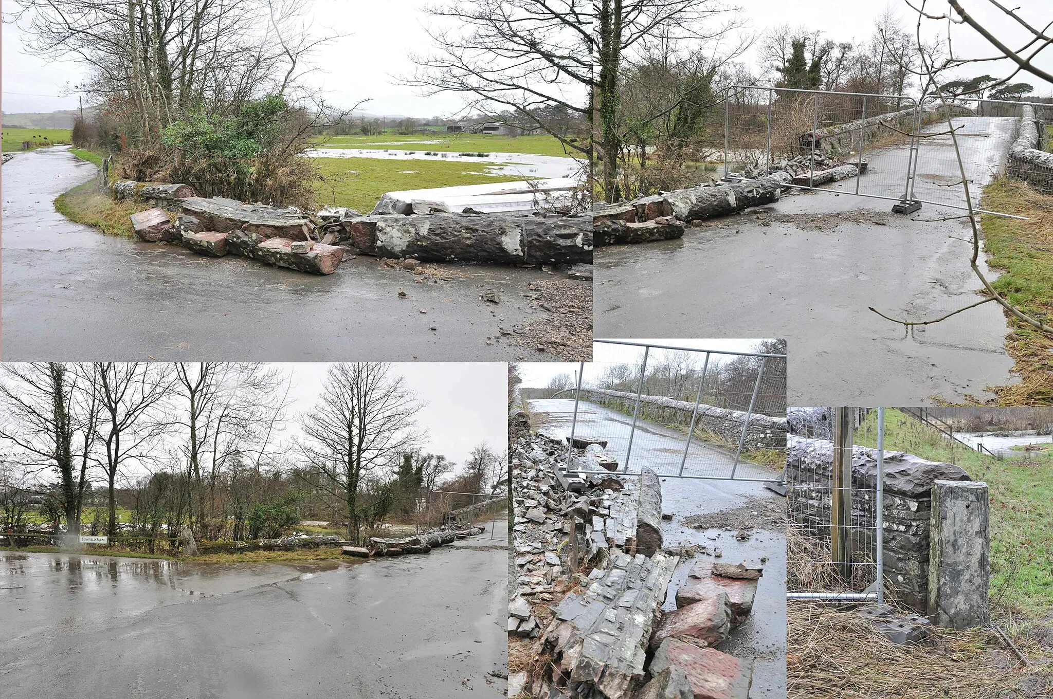 Photo showing: Looks a though the flood washed around the structure demolishing the wall.

Road closed.