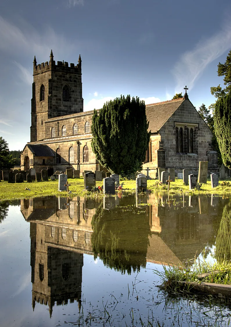 Photo showing: All Saints' parish church, South Wingfield, Derbyshire, shown from the southeast in a high contrast HDR zoom photograph
