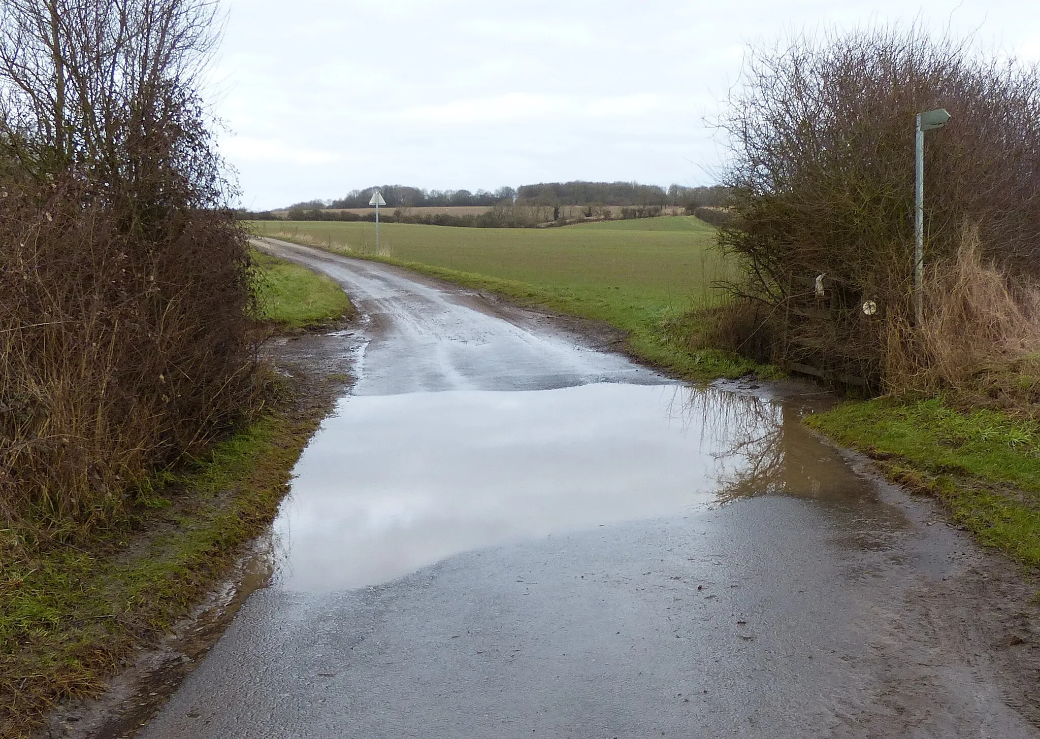 Photo showing: Flooded cattle grid along the lane to Goadby