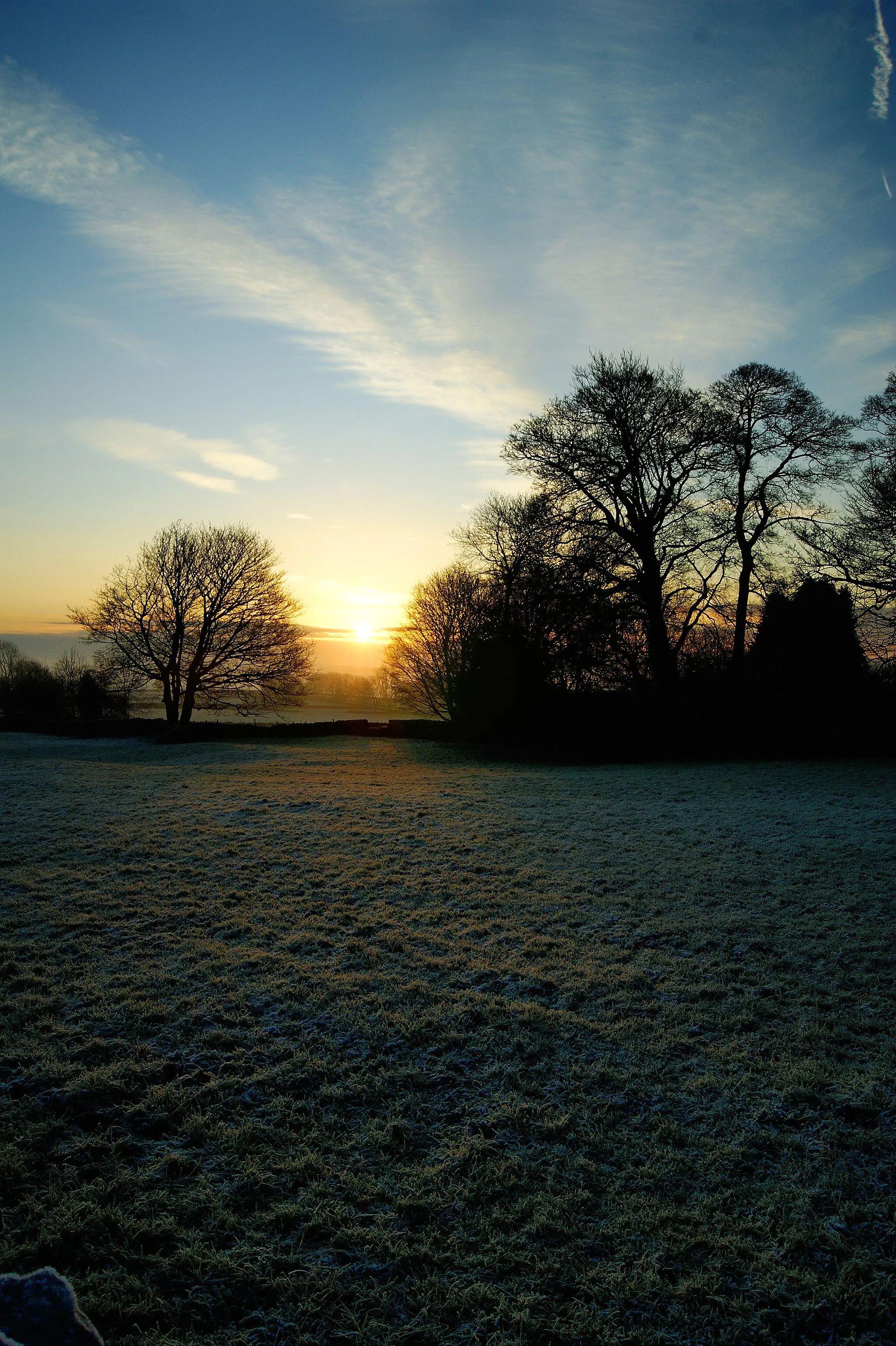 Photo showing: Sun coming up between trees in the village of Wormhill, near Buxton.