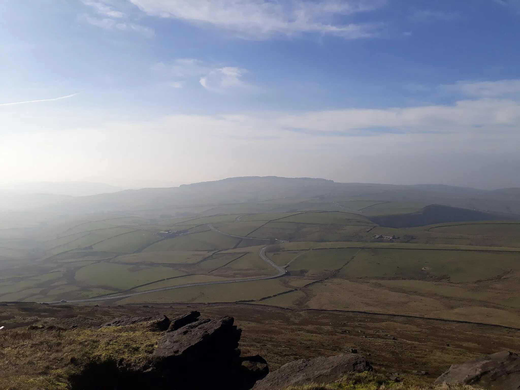 Photo showing: The view of the Cat and Fiddle road (A537) from the highest peak in Cheshire - Shining Tor