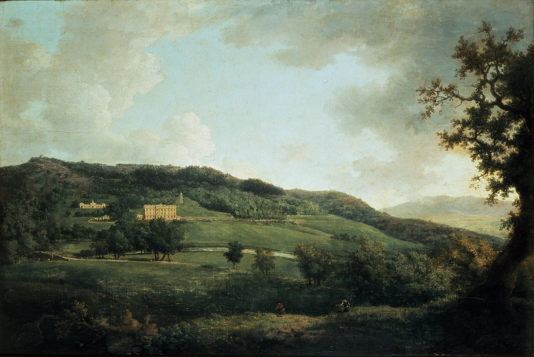 Photo showing: An oil painting showing the west front of Chatsworth House in the 18th century, painted by William Marlow (1740–1813). The stable block is to the left of the house and the cascade to the right. The north wing had not been built. This picture emphasises the romantic aspect of Chatsworth's setting on the edge of the Peak District. The hills behind house were windswept moorland when it was built. They were not forested until the 18th century, and are still partially exposed in this view.