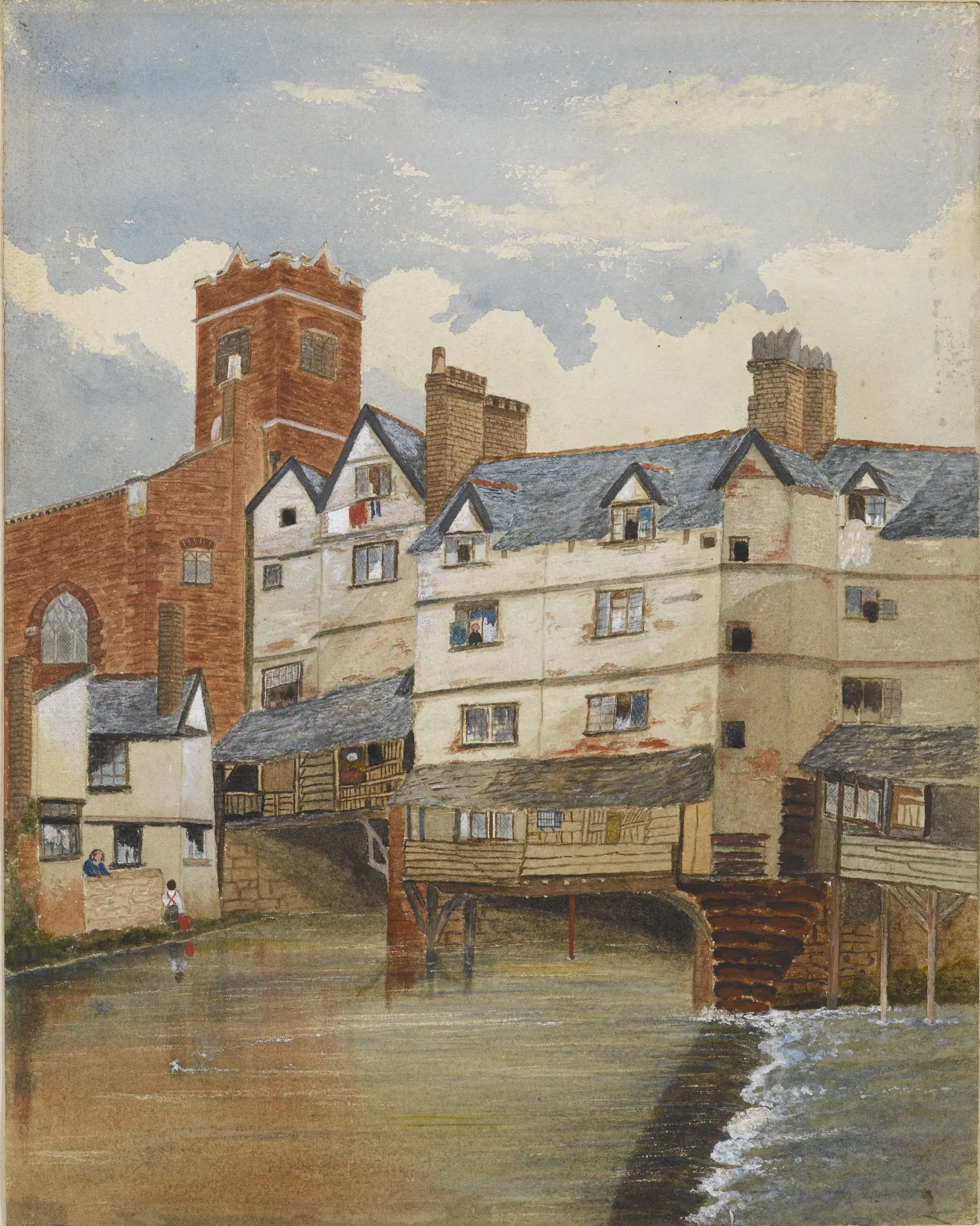 Photo showing: ‘Church of St Edmunds and Old Houses, Exeter’, English School, about 1840-1890. This watercolour on paper depicts the old houses which surround the Church of St Edmunds in Exeter. The old houses have since been demolished, approximately around 1870.

St Edmunds Church, located near the old Exe Bridge, was first constructed in 870. It is also believed that Exeter’s first printing press was installed in the church in the 1500’s. With the re-development of Exeter’s Exe bridge area, the church was partly demolished, but the excavation of the old Exe Bridge led to the stabilisation of the Church tower, which still remains today.