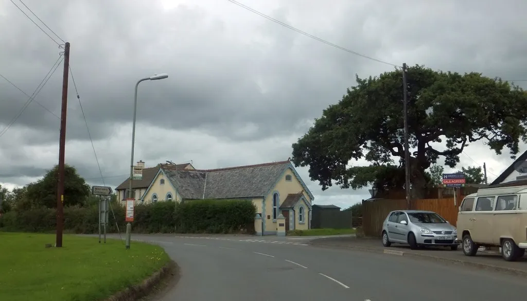 Photo showing: Bus stop and chapel, Stibb Cross